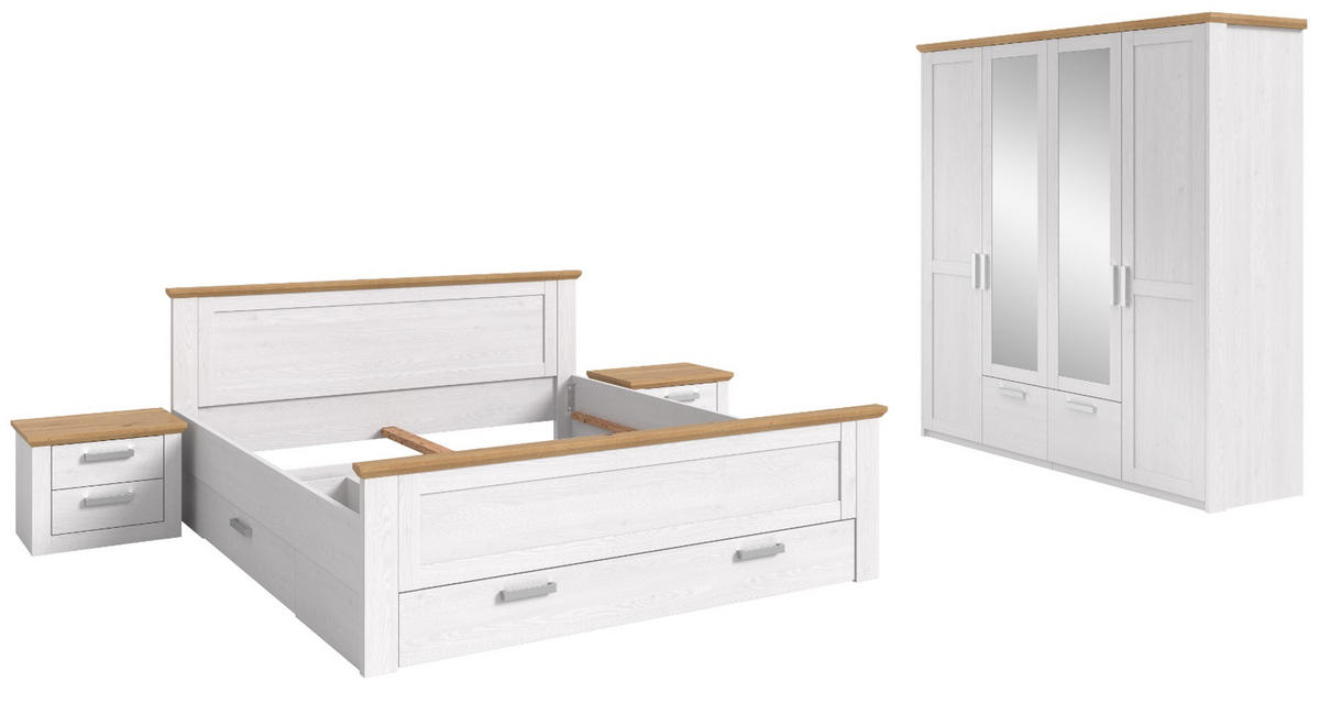 SCHLAFZIMMER weiß Lärche, Eiche Artisan Landhaus, Komplettset mit Bett Liegefläche 180 x 200 cm - Eichefarben/Silberfarben, Holzwerkstoff/Kunststoff (180/200cm) - Inn.Furn