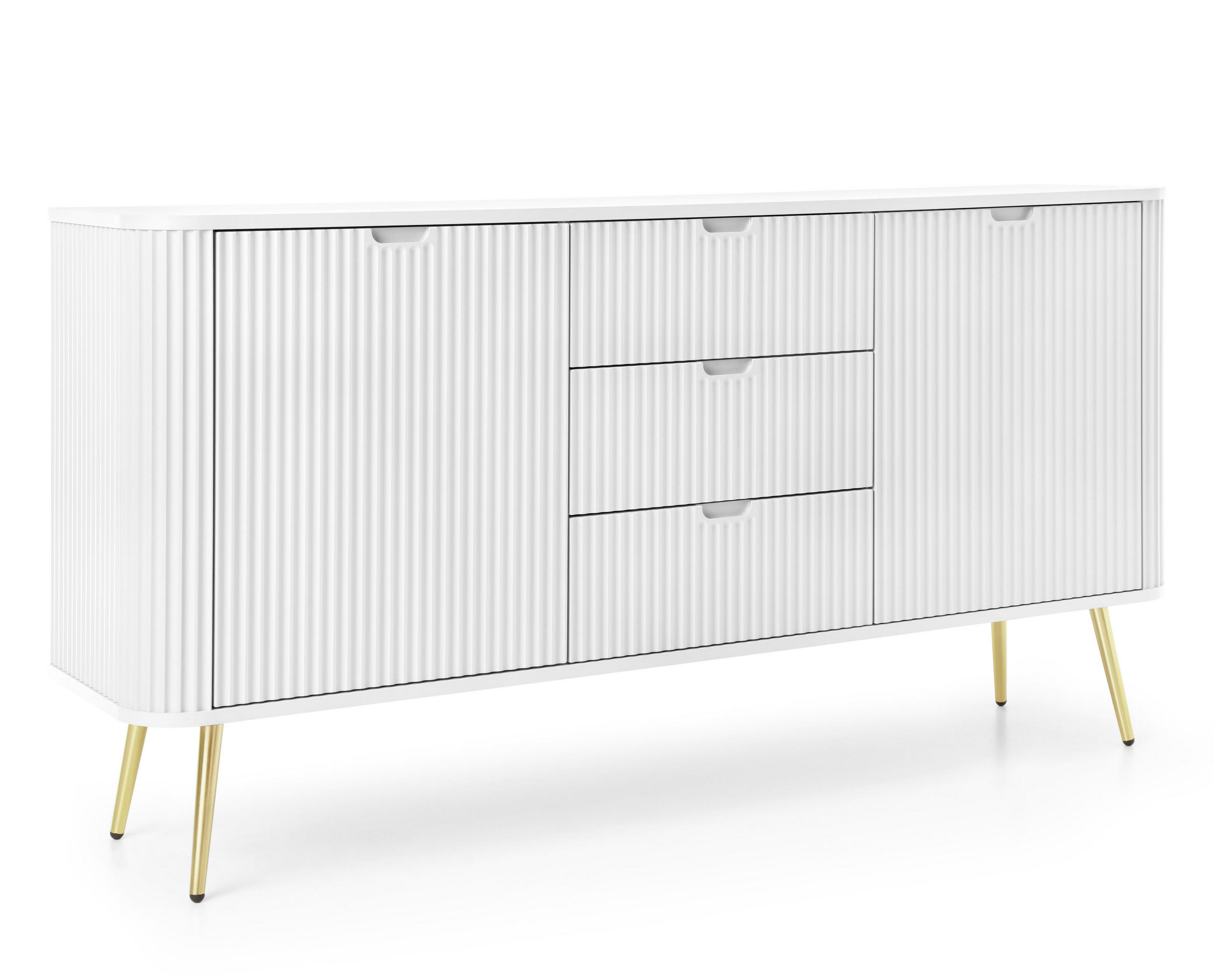 SIDEBOARD Salvia 2T 3S Weiß, Gold 168/87/39 cm – mit geriffelten Fronten und hohen Beinen - Goldfarben/Weiß, Holzwerkstoff/Metall (168/87/39cm) - AX Living
