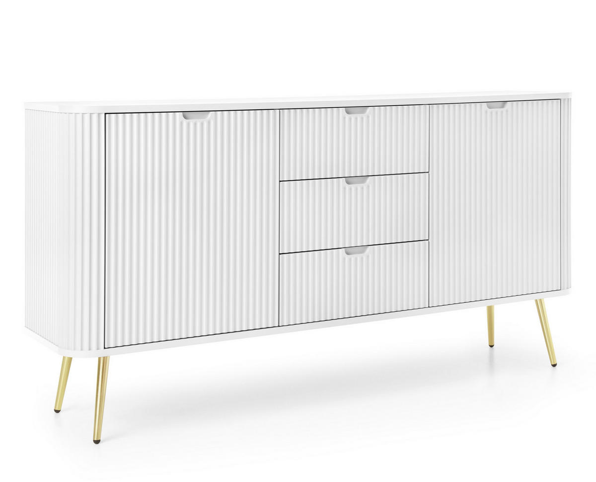SIDEBOARD Salvia 2T 3S Weiß, Gold 168/87/39 cm – mit geriffelten Fronten und hohen Beinen - Goldfarben/Weiß, Holzwerkstoff/Metall (168/87/39cm) - AX Living