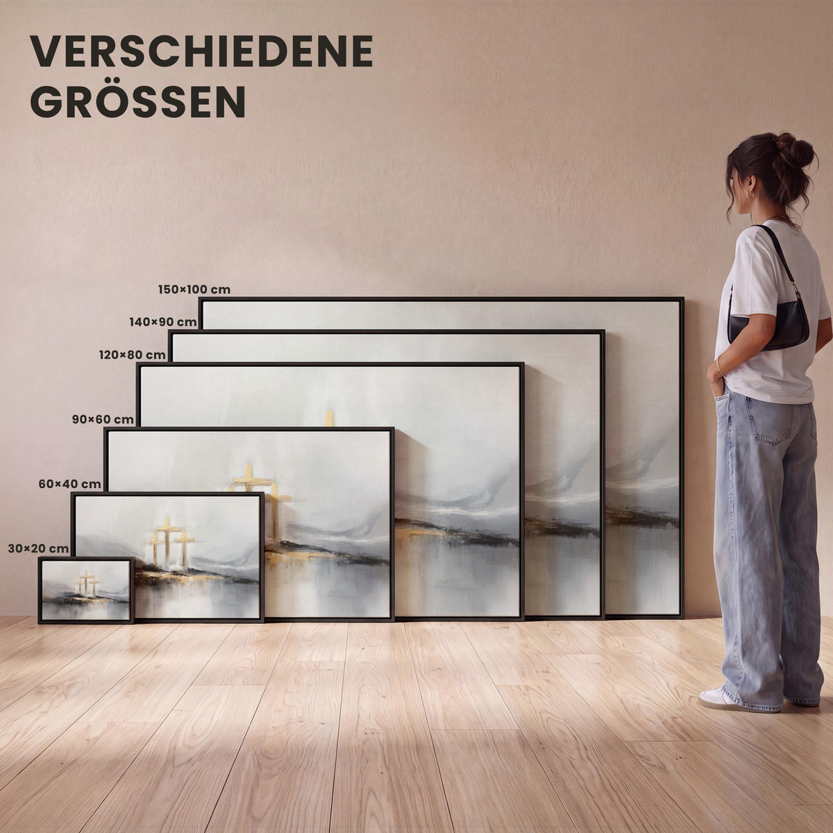 LEINWAND Bilder mit Rahmen - Abstrakt - Malerei - Christentum - Kreuz - 150x100 - Weiß, Textil (150/100cm) - MuchoWow