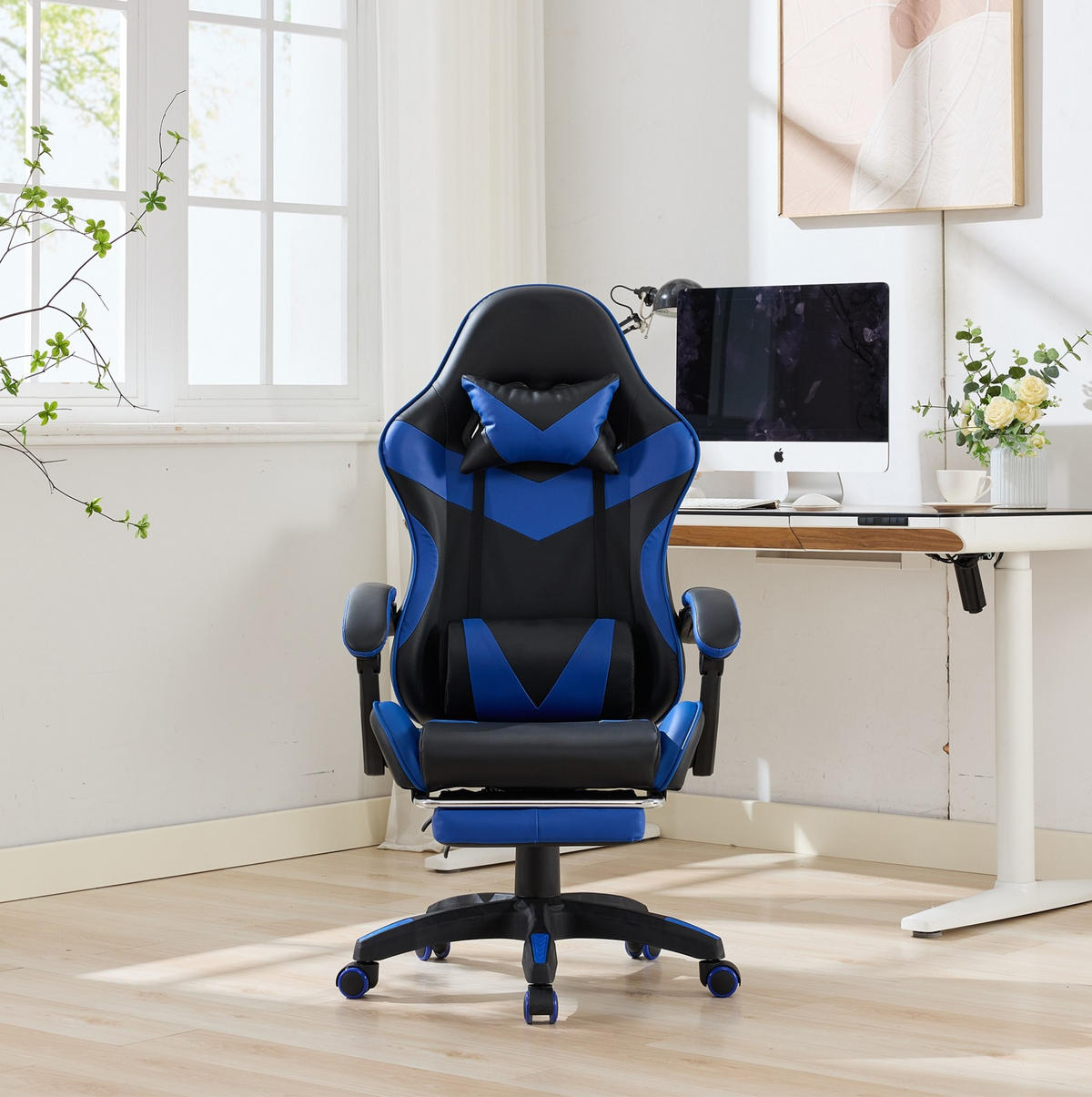 STUHL B64 / T58 / H116.5-126 cm,, Rennsport-Design, 360° drehbar und höhenverstellbar, Schwarz und Blau - Blau, Kunststoff (58/116.5/64.5cm) - Redom