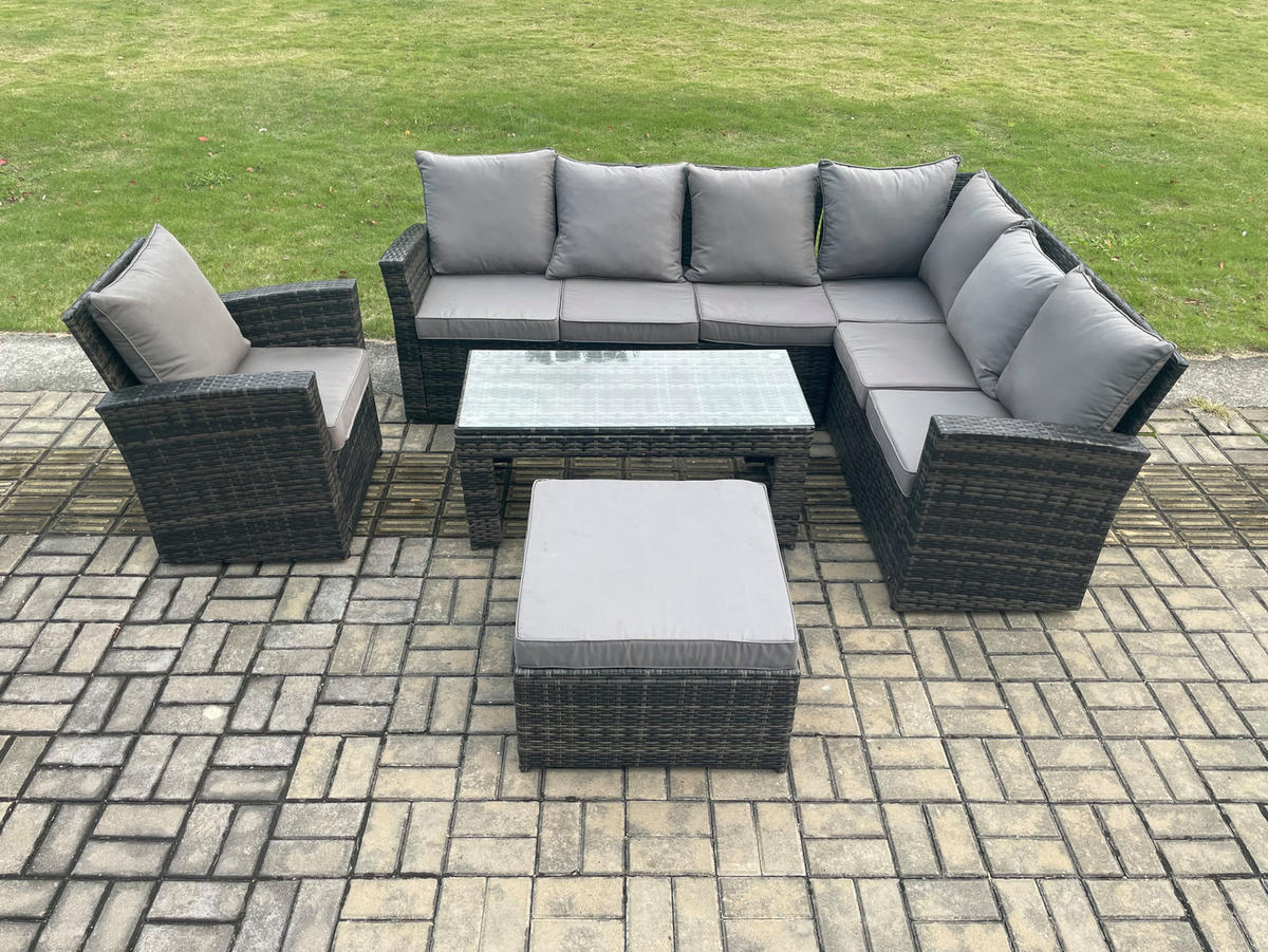 LOUNGEGARNITUR mit Couchtisch Sofa,Hocker Polyrattan Dunkelgrau 8-Sitzer - Dunkelgrau/Grau, Glas/Kunststoff - Fimous