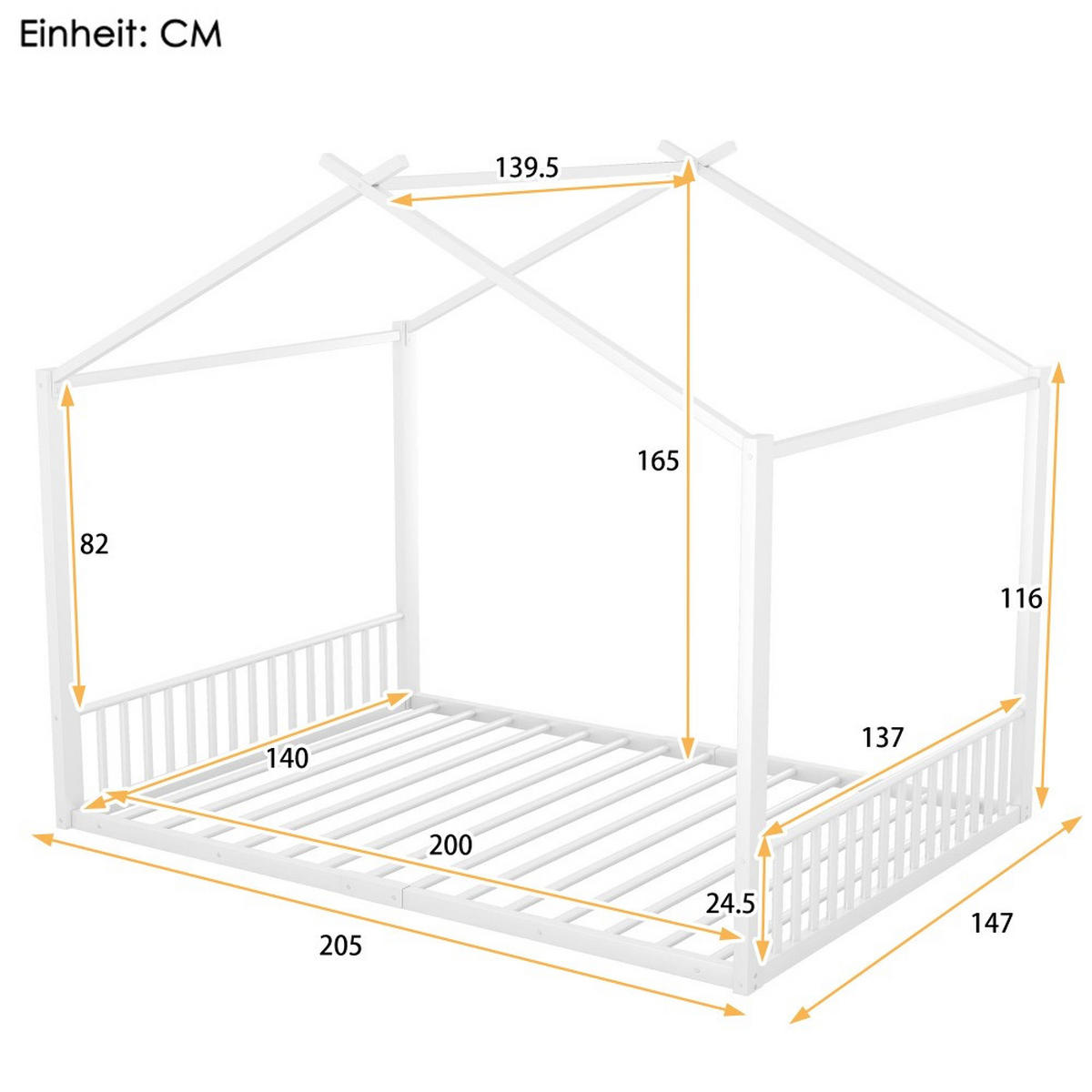 HAUSEBETT 140 x 200 cm in Weiß，Eisenrahmenbett - Weiß, Metall (140/200cm) - KOMHTOM