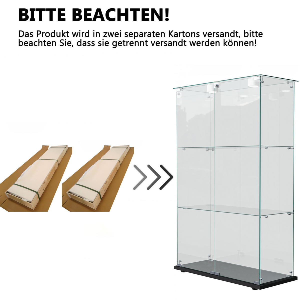VITRINE Geräumig mit 3 verstellbaren Glasablagen - Schwarz, Glas (35/123.3/78.5cm) - SHOPENTRA