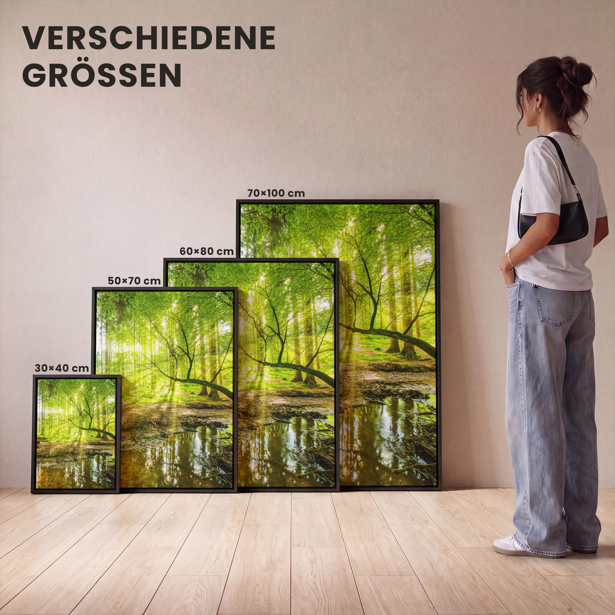 LEINWAND Bilder mit Rahmen - Wald - Landschaft - Wasser - Bäume - Sonne - Grün - Natur - 50x70 - Grün, Textil (50/70cm) - MuchoWow