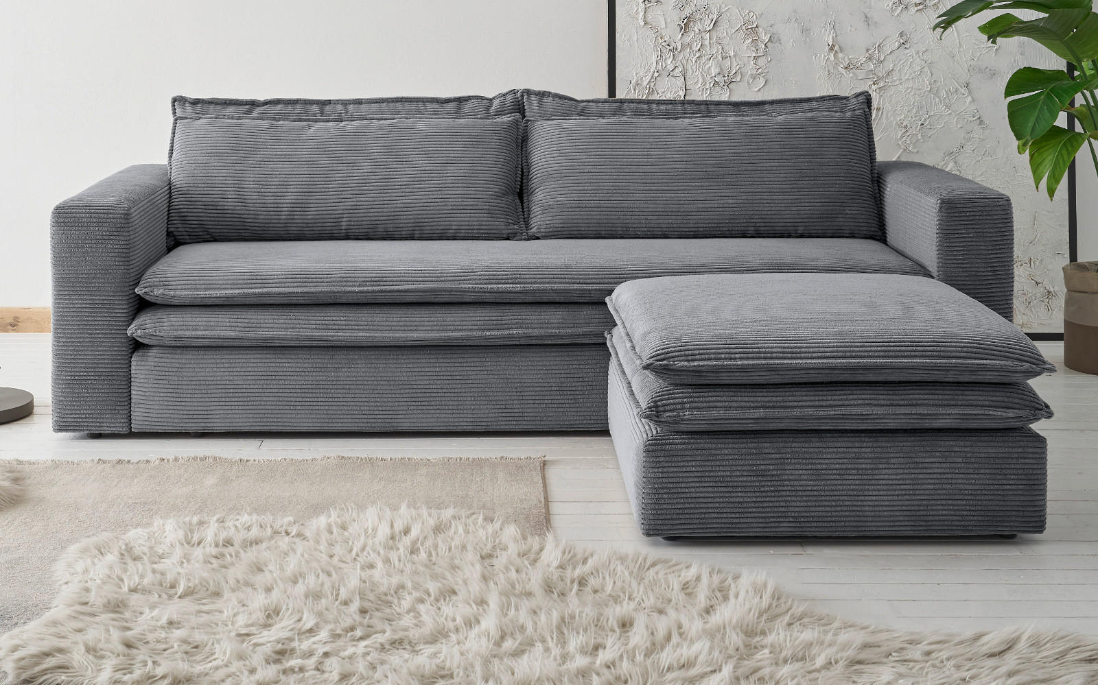 SOFA-SET grau Cord, Couch 3-Sitzer mit Bettfunktion inklusive Hocker - Beige/Grau, Holz/Textil (244/83/176cm) - Furn.Design