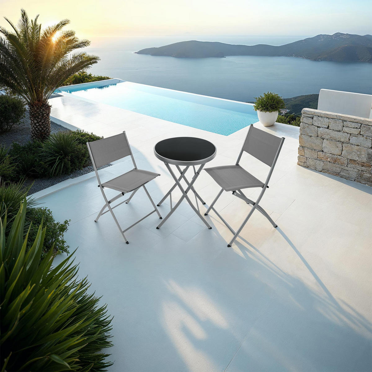 BISTRO-SET Düsseldorf,Tisch mit Sicherheitsglasplatte,grau - Grau, Naturmaterialien/Kunststoff - tectake