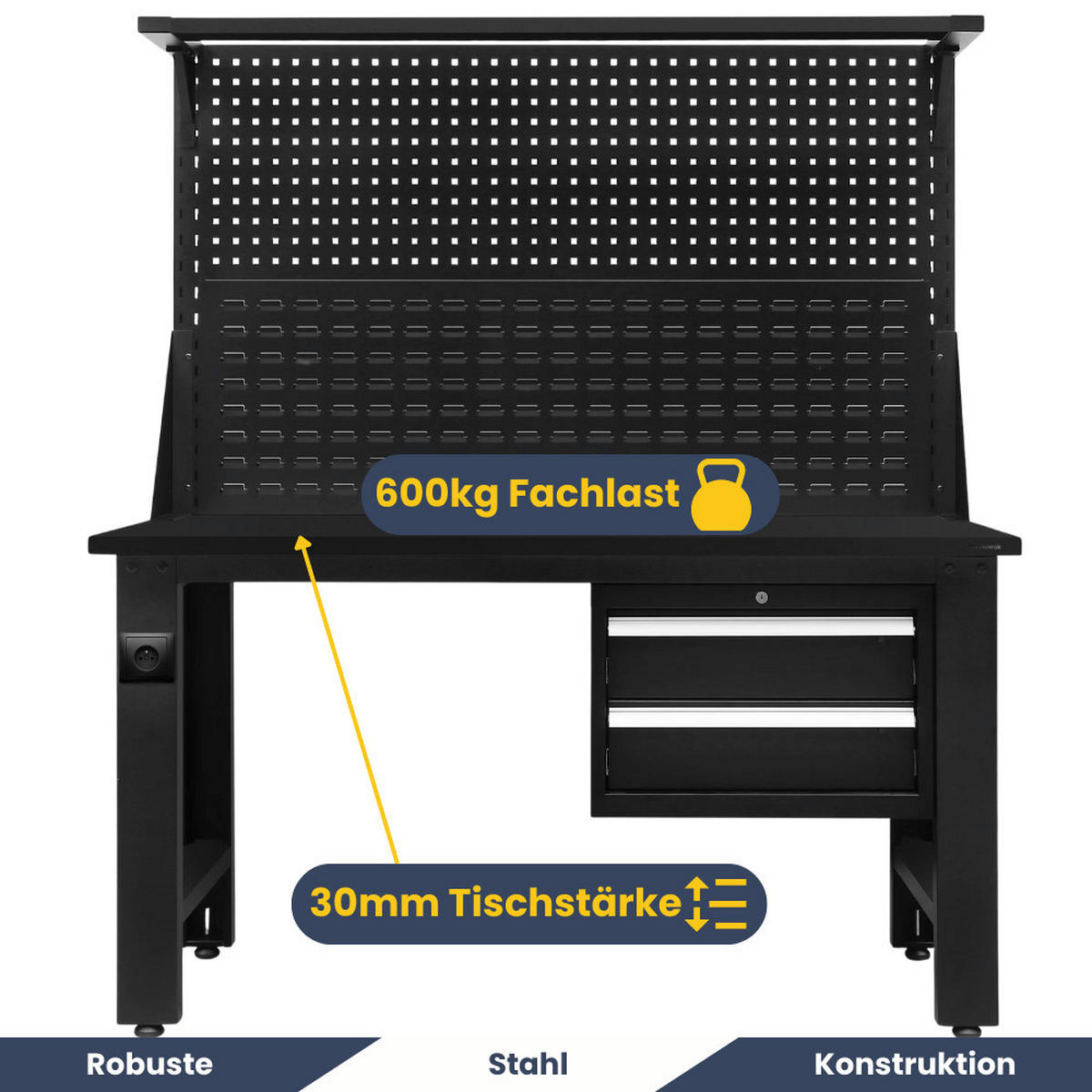 WERKBANK Werkstatt ROBI 170x150x75cm Schwarz Platte Schwarz - Schwarz, Metall (150/170/75cm) - DELUKE