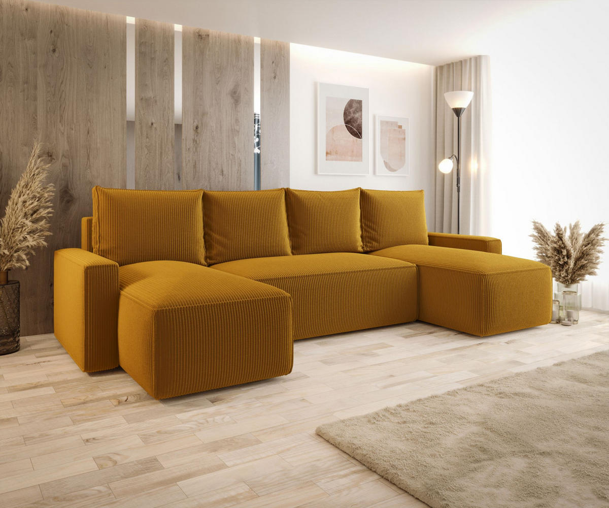 WOHNLANDSCHAFT mit Schlaffunktion SAVIO U Poso 01 - Currygelb, Textil (300/75/140cm) - Bedante