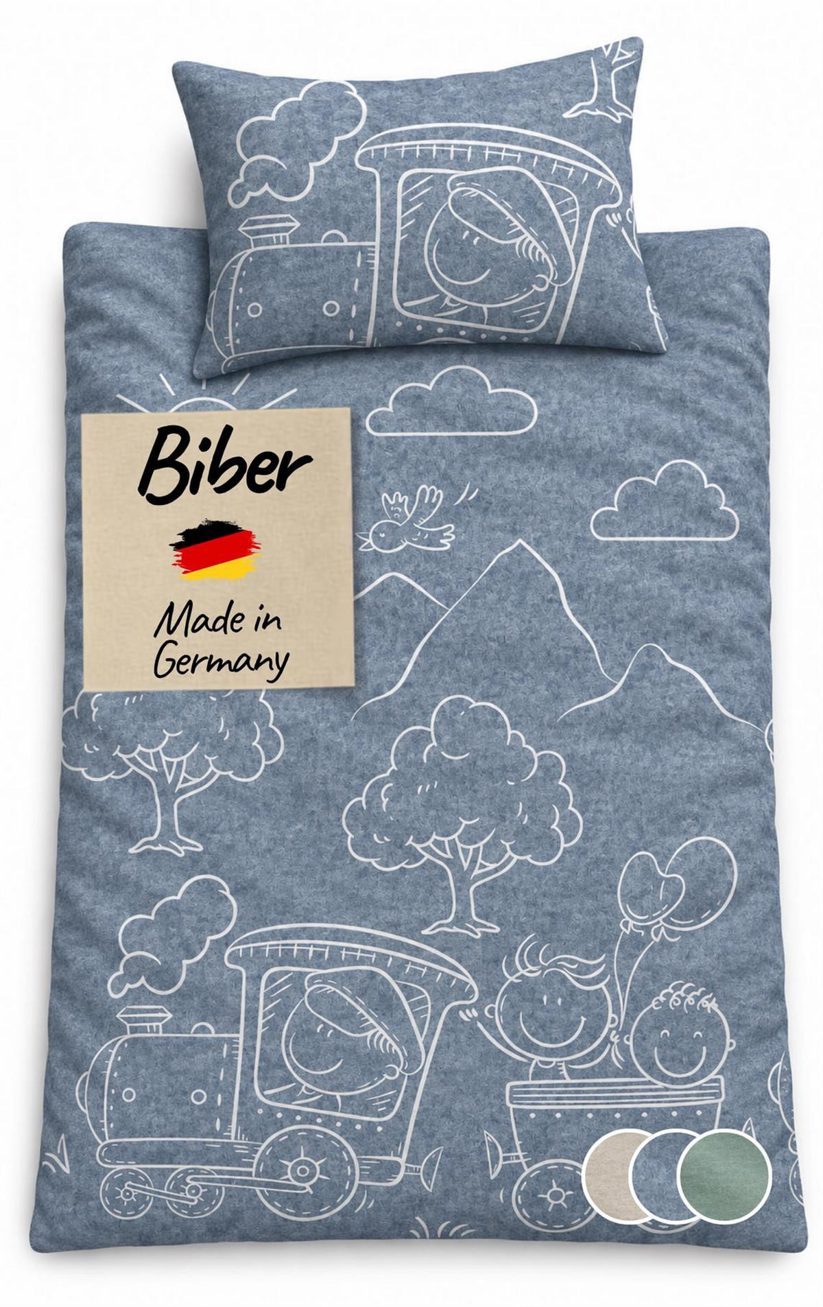 BIBER-BETTWÄSCHE 100x135 Baby - Made in Germany! Flauschig warmer Flanell Kinder Bettbezug aus 100% Baumwolle für Herbst & Winter - Lokomotive Blau - Blau, Textil (100/135cm) - Carpe Sonno