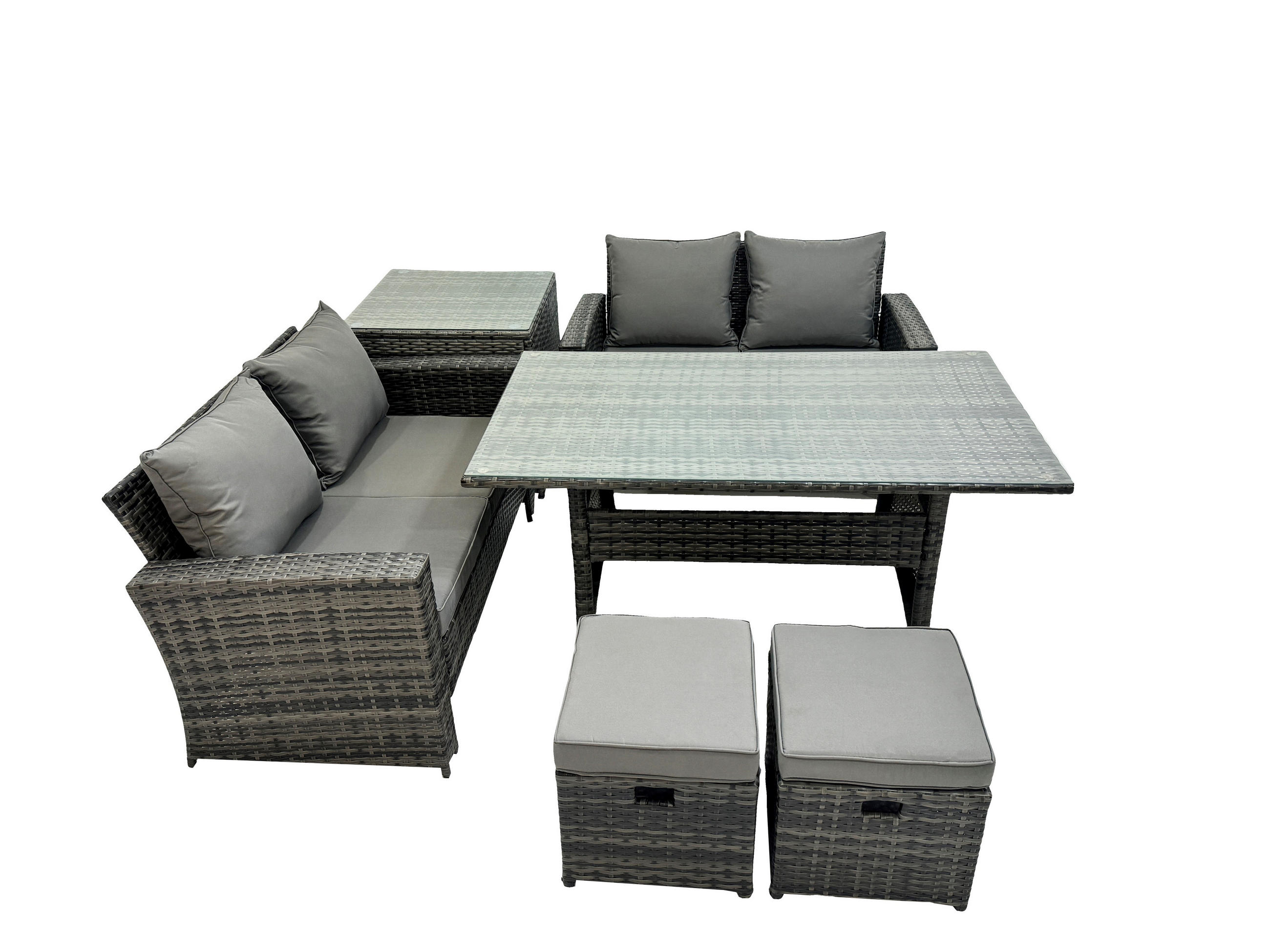 GARTENMÖBELSET mit 2-Sitzer Sofa,Esstisch,2 Beistelltischen Polyrattan Dunkelgrau 6-Sitzer - Dunkelgrau/Grau, Glas/Kunststoff - Fimous