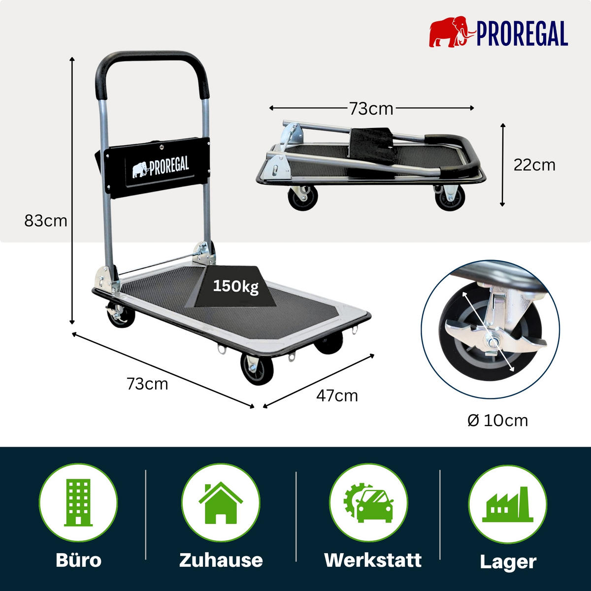 PLATTFORMWAGEN Transportwagen Rhino 150kg klappbar mit Gummiräder und Werkzeugtasche - Schwarz, Metall (73/47/83cm) - PROREGAL
