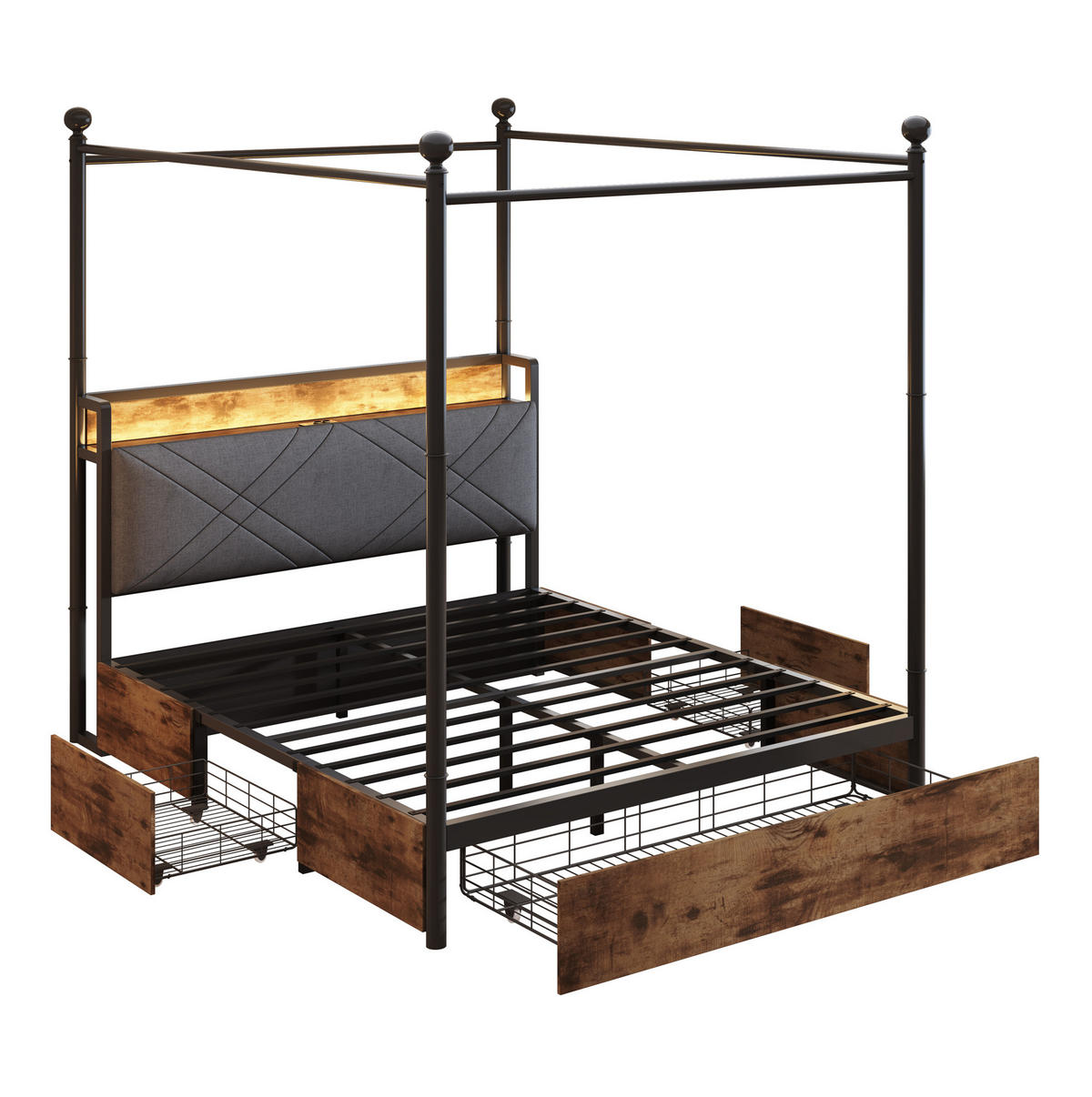 METALLBETT 140/190 cm mit Kopfteil, LED und USB/Type-C – schwarz - Schwarz, Metall (140/190cm) - BEAOK