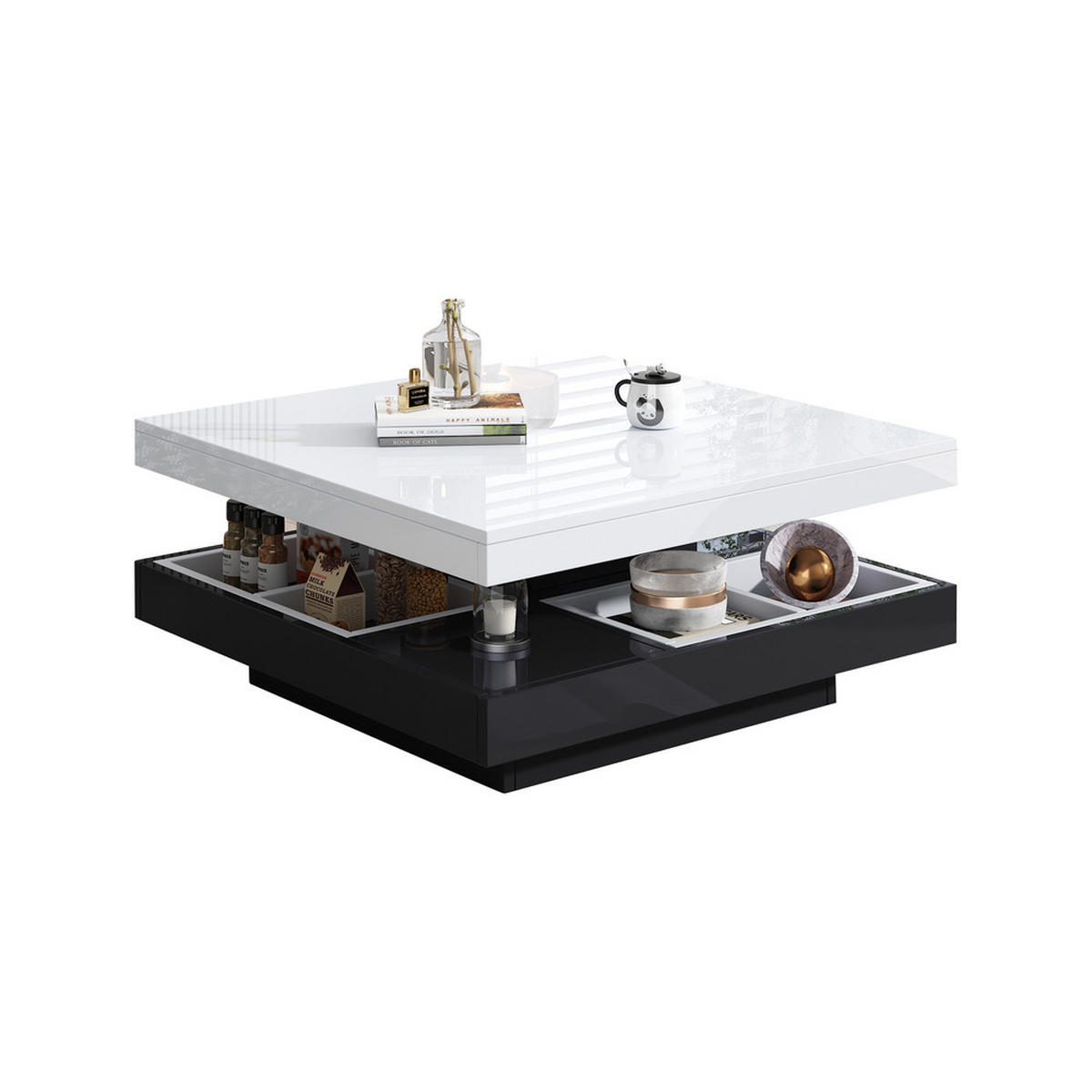 COUCHTISCH 70x70cm Weiß Schwarzes Gestell 360° Drehbar 2-stöckig Ablagefach - Weiß, Holz (82.55/80.65/15.24cm) - FLIEKS