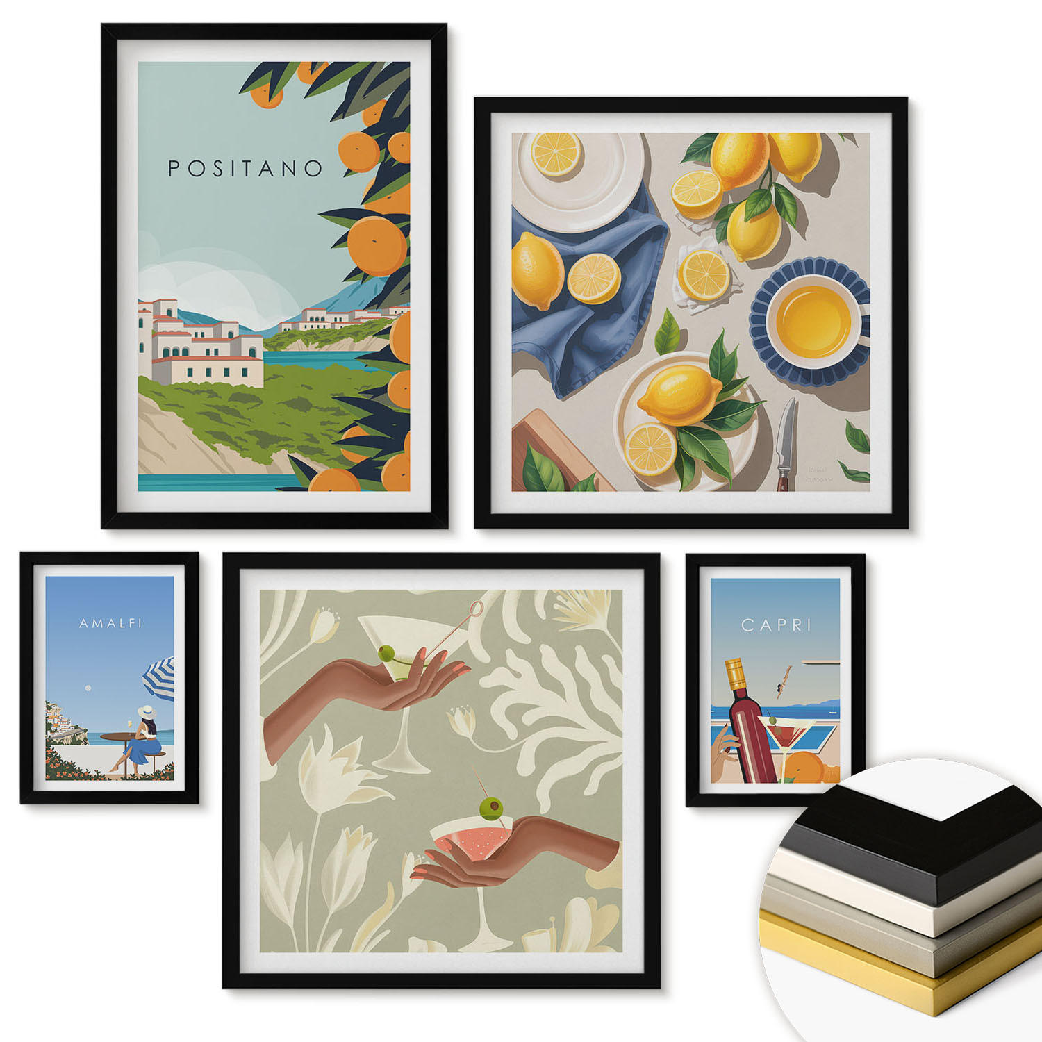 WANDBILDER 5er-Set - 50x50 cm & 20x30 cm & 40x60 cm Schwarzer Rahmen - Fruchtmuster und italienische Kultur - Schwarz, Kunststoff (40/60cm) - ArtPrintCave