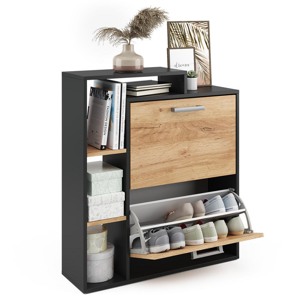 SCHUHKIPPER Orlando Goldkraft Eiche 24.5 x 90 cm 2 Fächern - Anthrazit/Eiche Wotan, Holzwerkstoff (24.5/90/80cm) - Vicco