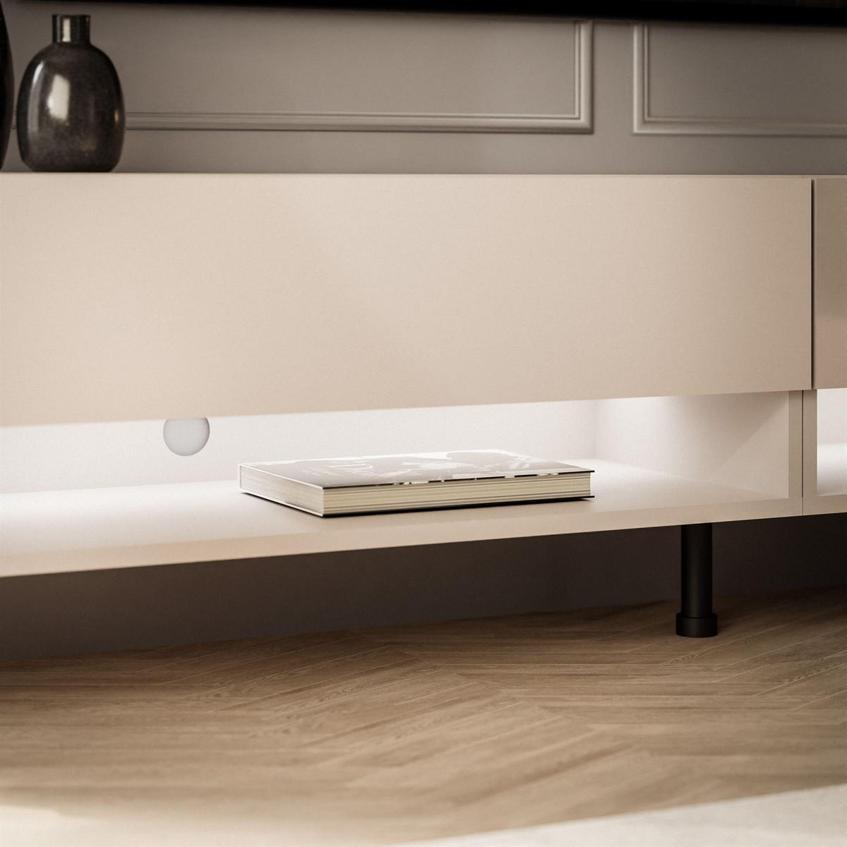 LOWBOARD TV-Schrank CALANTE 180 cm auf schrägen schwarzen Beinen - Kaschmir/Schwarz, Holzwerkstoff/Metall (180/43/35cm) - Lookway
