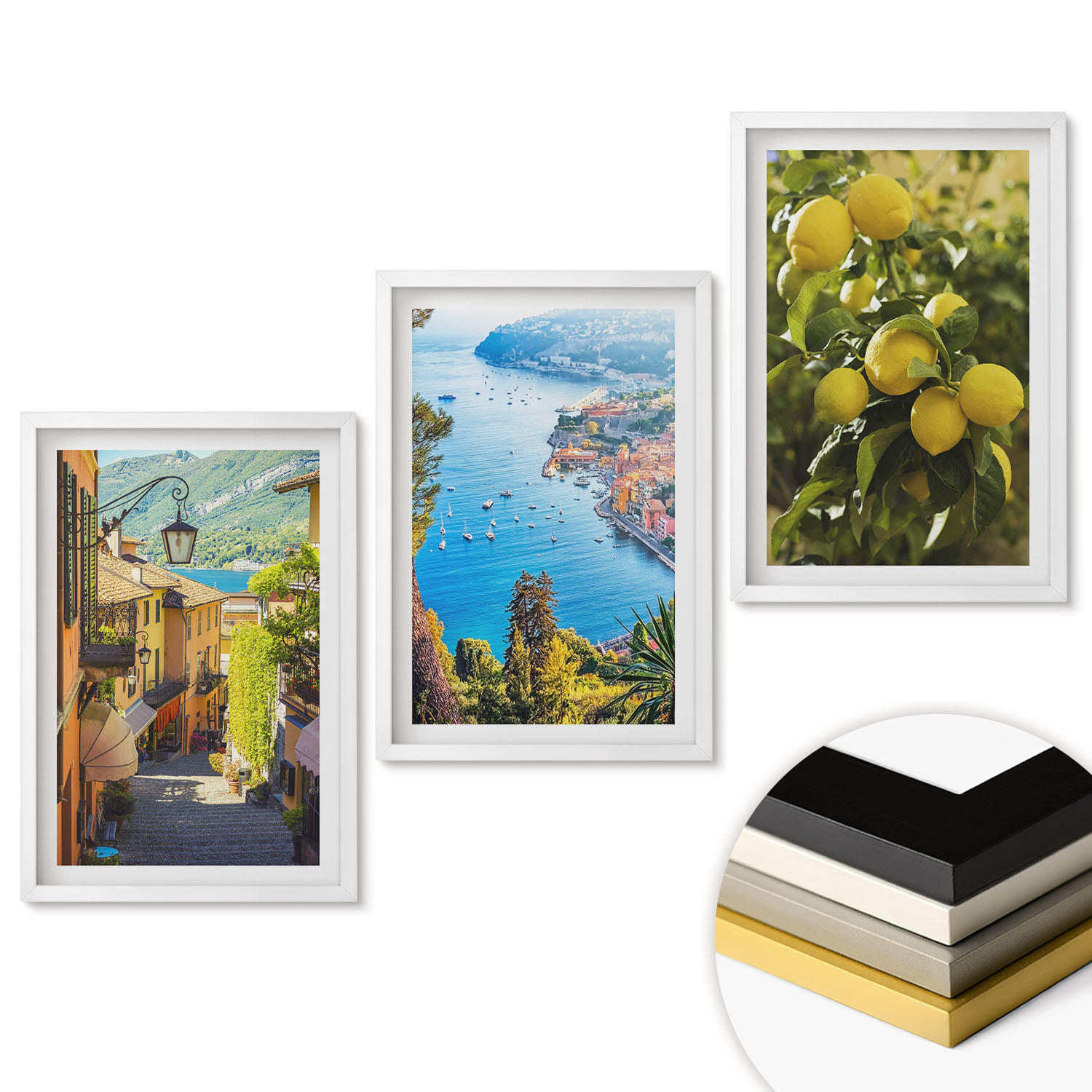 WANDBILDER 3er-Set - 40x60 cm Weißer Rahmen - Straßen am Meer, ein Meer aus Zitronen - Weiß, Kunststoff (40/60cm) - ArtPrintCave