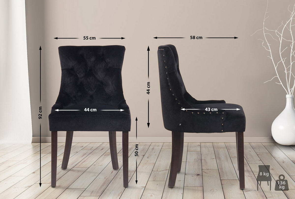 WOHNZIMMERSTUHL 4er Set Samt schwarz - Schwarz, Holz/Textil (55/92/58cm) - CLP