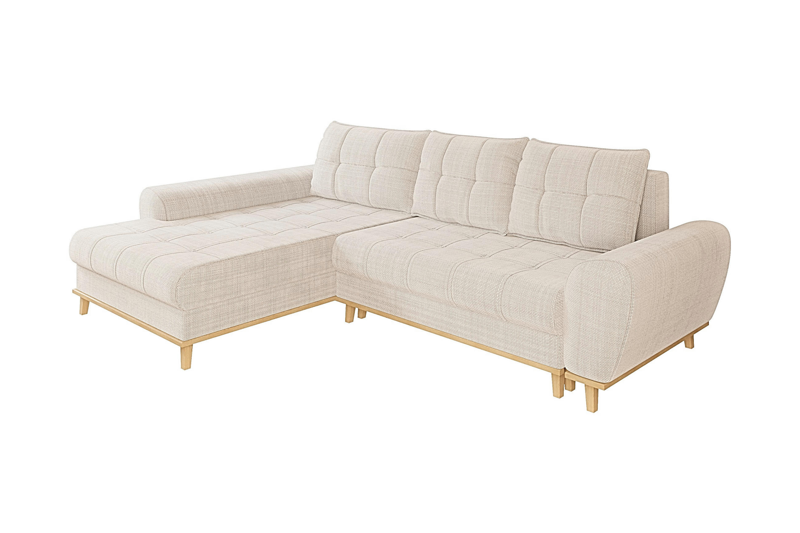 ECKSOFA im Scandi-Stil, Schlaffunktion, Bettkasten B268/T175/H86 cm, Ottomane links, Liegefl. 128x209 cm, Bouclé Chenille Stoff in Beige / 21014 - Eichefarben/Beige, Holz/Textil (268/175cm) - luma-home