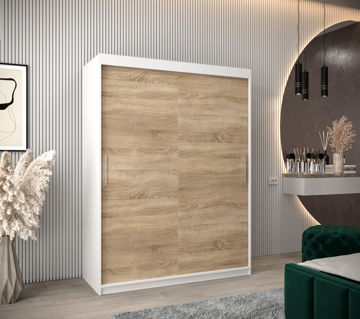 SCHWEBETÜRENSCHRANK 200/150/62 2-türig - Silberfarben/Weiß, Holz/Kunststoff (150/200/62cm) - Abiks Möbel