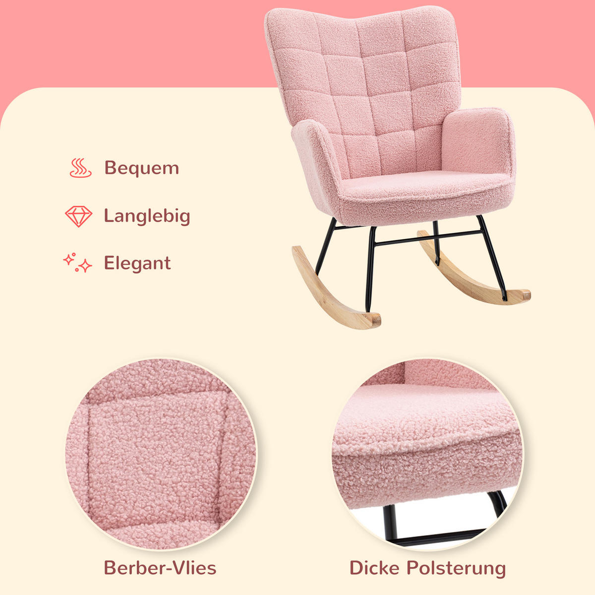 SCHAUKELSTUHL Sessel Relaxsessel bis 120 kg, Polyester, Rosa 98x71x101cm - Rosa/Naturfarben, Buchenholz/Textil (98/101/71cm) - HOMCOM