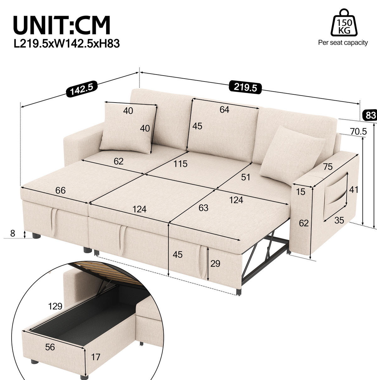 SCHLAFSOFA 219,5/142,5/83 cm in Beige – mit Stauraum und wechselbarer Chaiselongue - Beige, Textil (83/219.5/142.5cm) - BEAOK