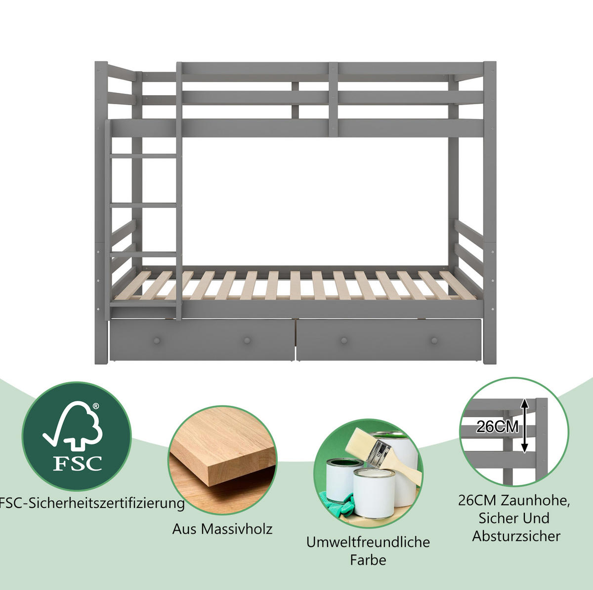 ETAGENBETT 140/200 cm mit Stauraum, Schublade, hoher Absturzsicherung und Treppe aus Kiefer , Grau - Grau, Holzwerkstoff (140/200cm) - Redom