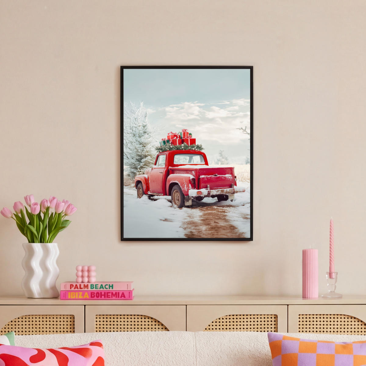LEINWAND Bilder mit Rahmen - Auto - Rot - Geschenke - Winter - Schnee - Weihnachten - 60x80 - Rot, Textil (60/80cm) - MuchoWow
