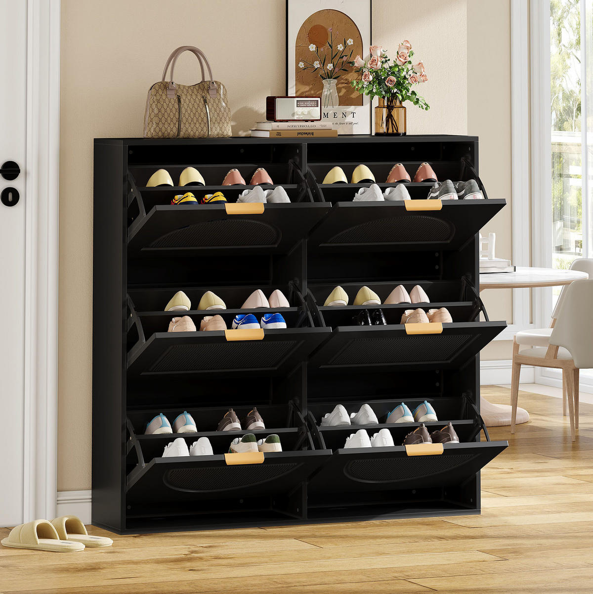 SCHUHSCHRANK 118/25/115 cm in Schwarz mit 6 Klappen und offenen Ablagen - Schwarz, Holzwerkstoff (118/115/25cm) - Flora Grace