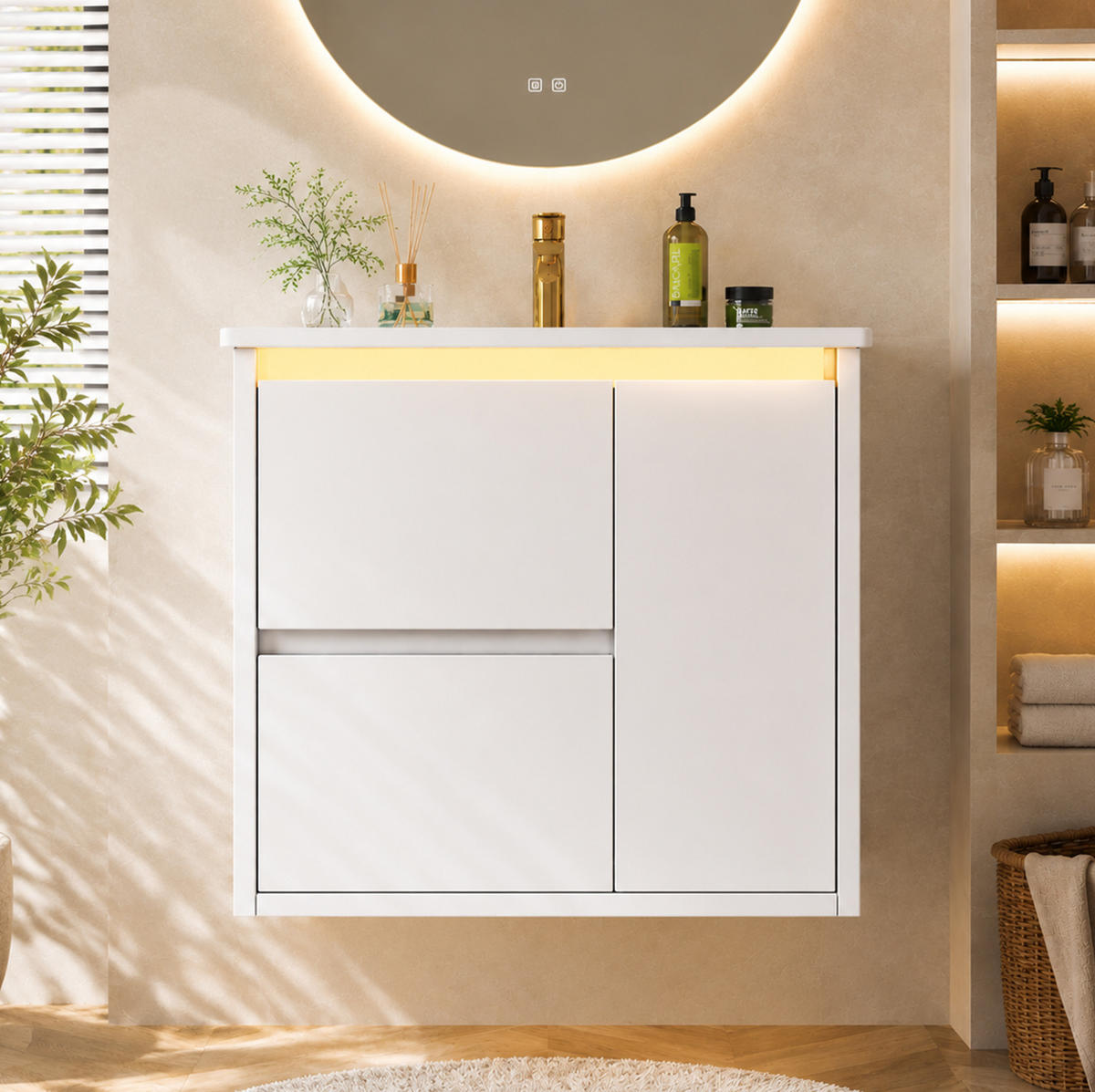 WANDWASCHTISCH aus MDF und Keramik 61x46,5x57 cm Weiß mit LED-Radarsensorleuchte und Soft-Close - Weiß, Keramik (61/57/46.5cm) - Modfu