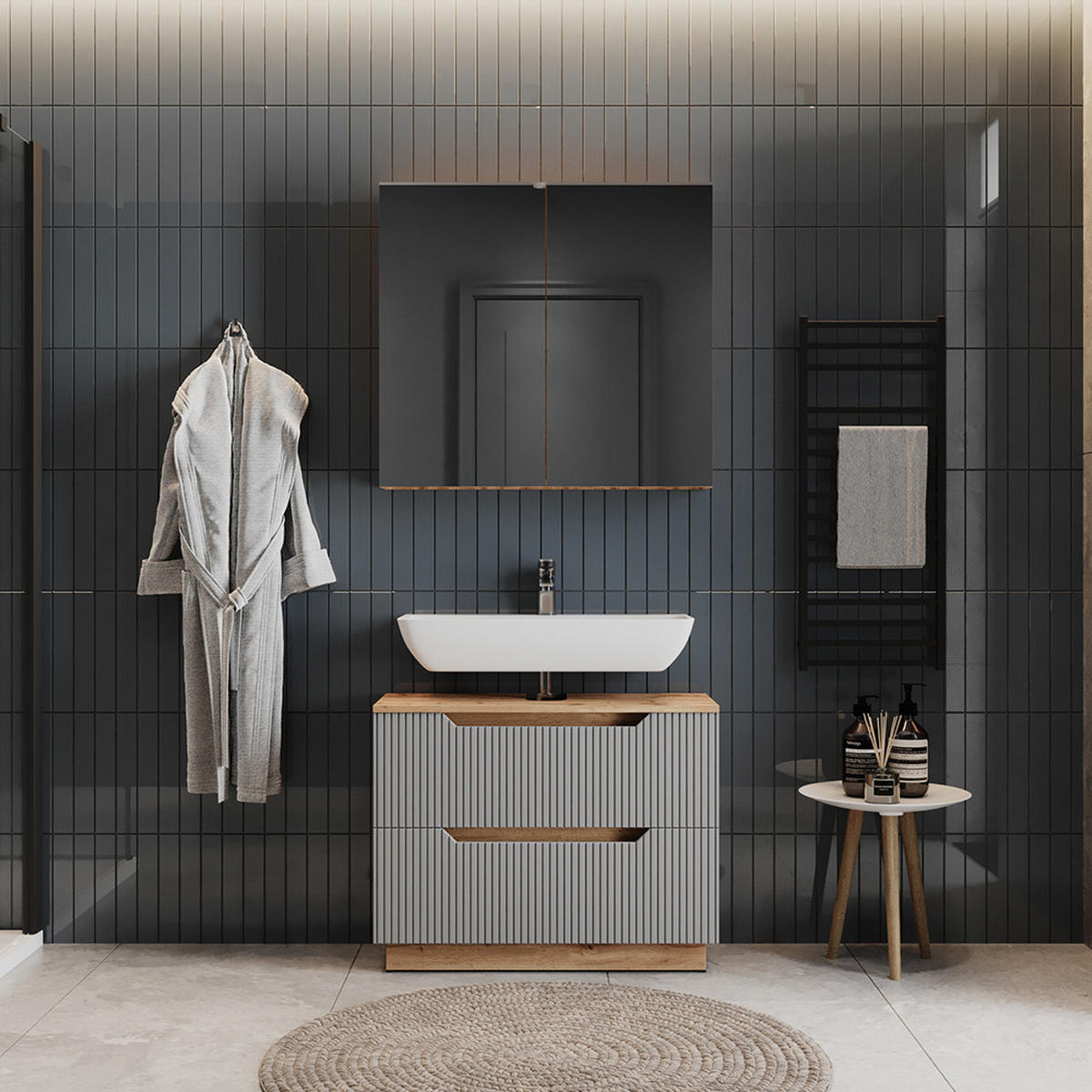 BADMÖBEL-SET Lotta Eiche/grau gestreift 2 Teile - Eichefarben/Grau, Holzwerkstoff (79.6/62.5/32cm) - Vicco