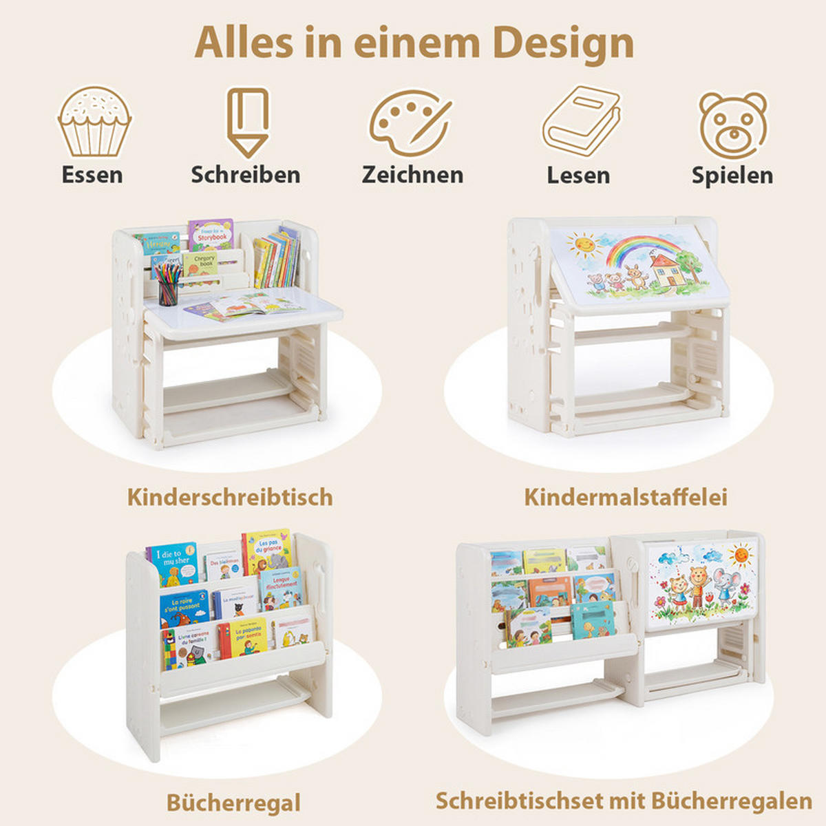 KINDERTISCH-STUHL-SET mit Bücherregal beige(2-tlg) - Beige, Kunststoff (135/68/51cm) - COSTWAY