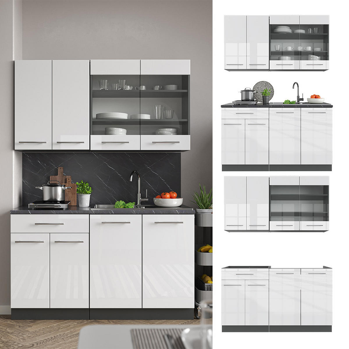 SINGLEKÜCHE Fame-Line Weiß Hochglanz/Anthrazit 140 cm, AP Eiche - Weiß Hochglanz/Anthrazit, Holzwerkstoff (140/81.6/60cm) - Vicco