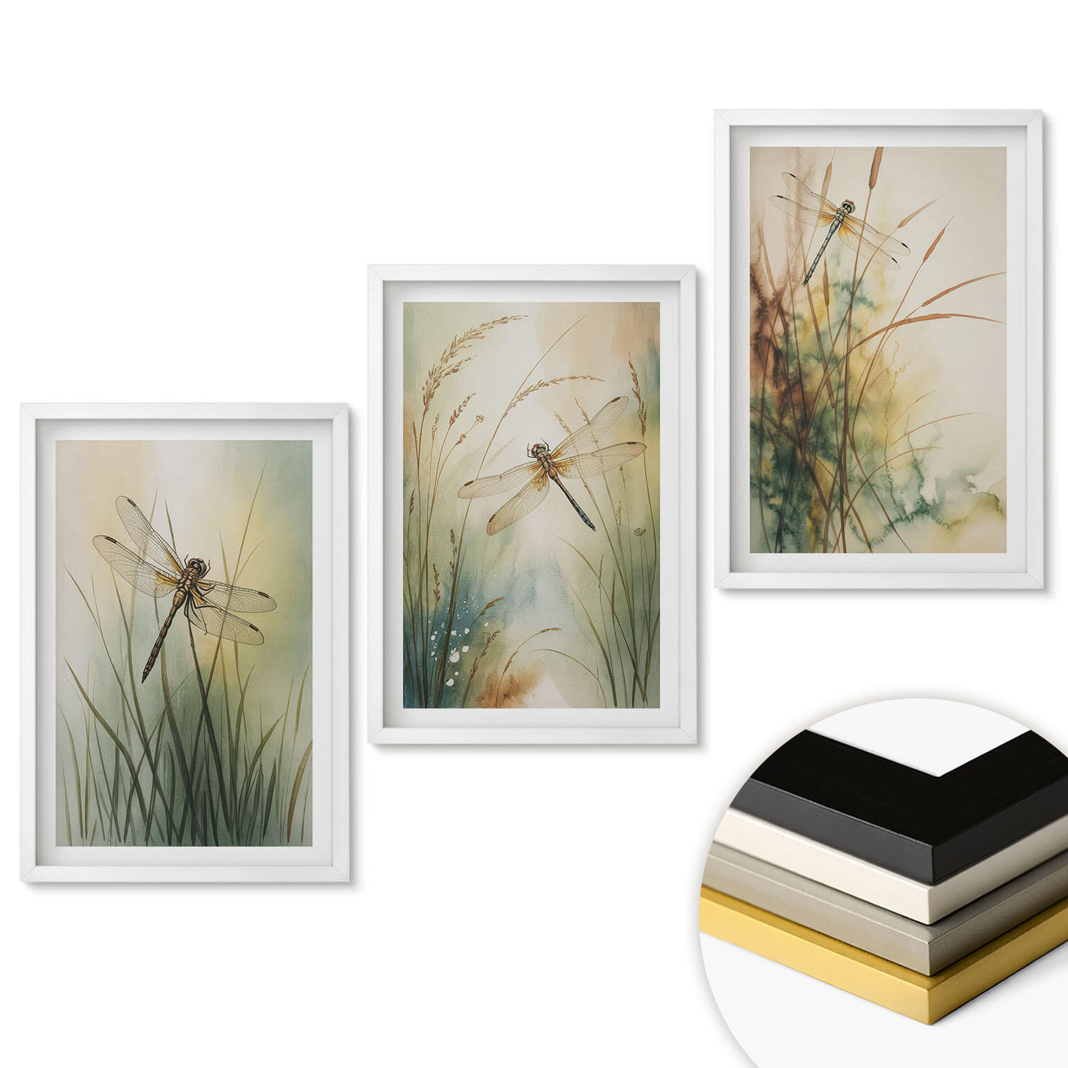 WANDBILDER 3er-Set - 40x60 cm Weißer Rahmen - Libellengräser über dem Wasser - Weiß, Kunststoff (40/60cm) - ArtPrintCave