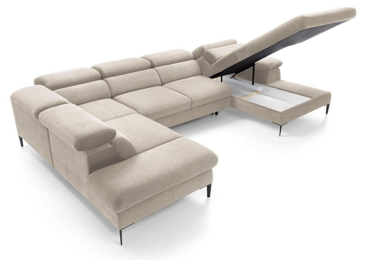 ECKSOFA U-Form 350 cm Amaro M mit Schlaffunktion, Rechts, Creme - Creme, Holz (353/214cm) - Emporius