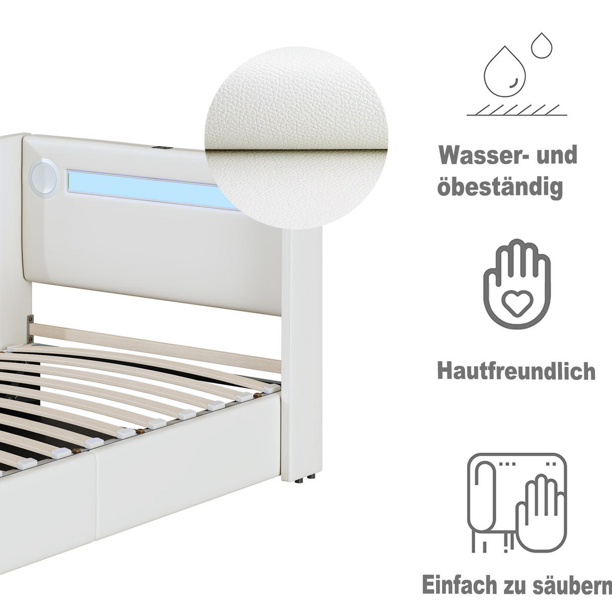 POLSTERBETT 90/200 cm mit LED-Lichtleiste und Bluetooth-Player - Weiß, Kunststoff (90/200cm) - OKWISH