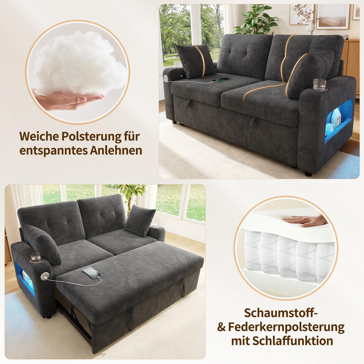 SOFA NA RAZVLAČENJE 2-sjedalo u sivoj boji s funkcijom razvlačenja, chenille - siva/crna, drvni materijal/tekstil (141.5/83.5/131cm) - CHICFURN