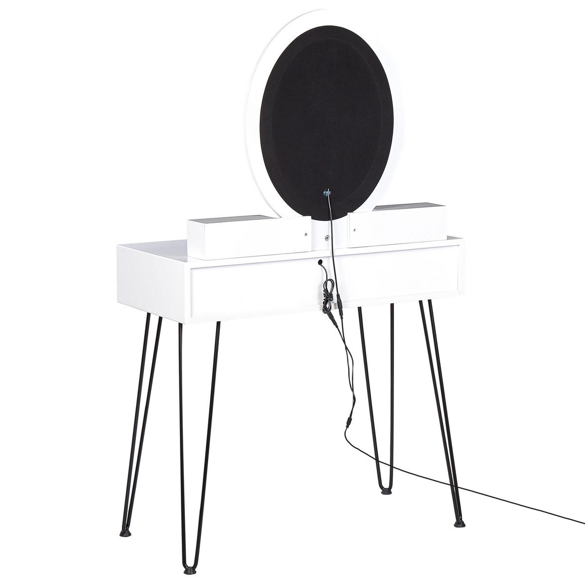 SCHMINKTISCH mit ovalem LED-Spiegel Hocker 4 Schubladen USB-Port weiß/schwarz Soye - Schwarz/Weiß, Holzwerkstoff (80/136/40cm) - Beliani