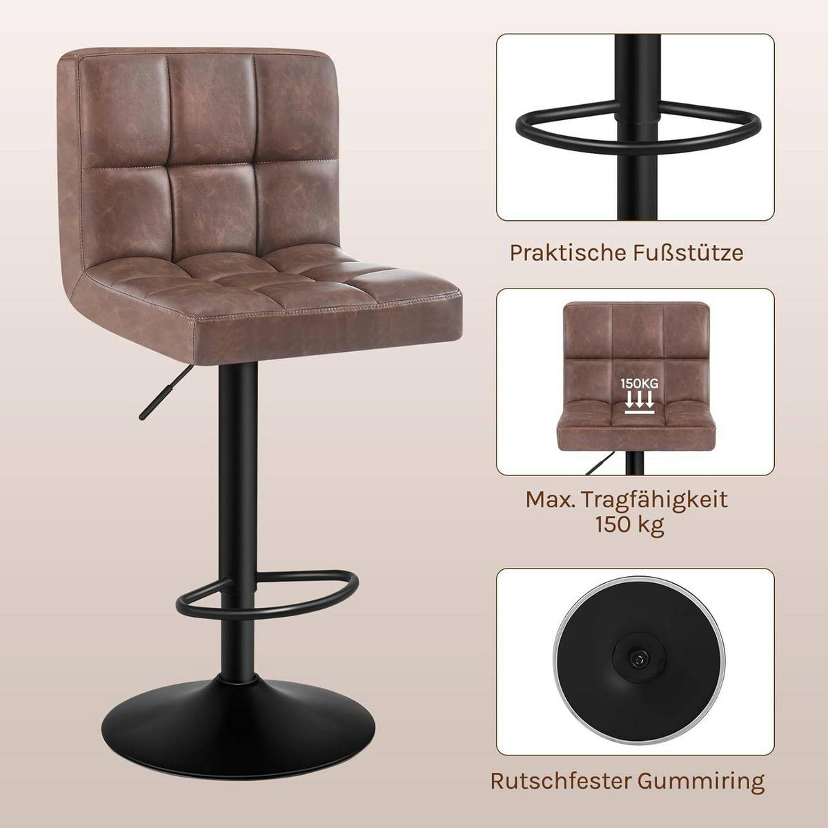 BARHOCKER 1er Set, Kunstleder in Antiklederoptik, Stahl - Dunkelbraun, Metall (44/114/39cm) - Woltu
