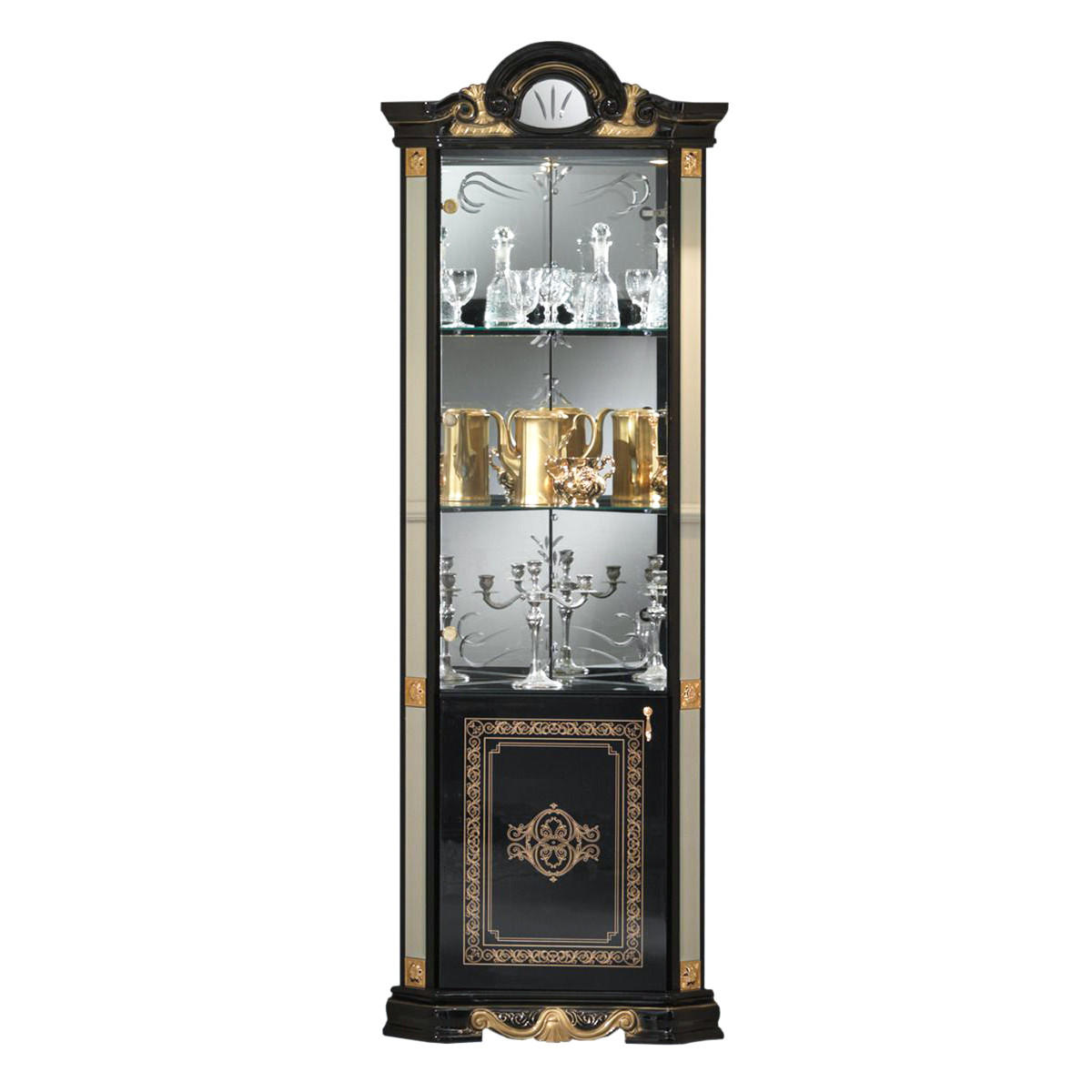 ECKVITRINE BELLA in Schwarz/Gold 2-Türig - Schwarz Hochglanz/Goldfarben, Glas/Holzwerkstoff (64/207/45cm) - Interdesign24