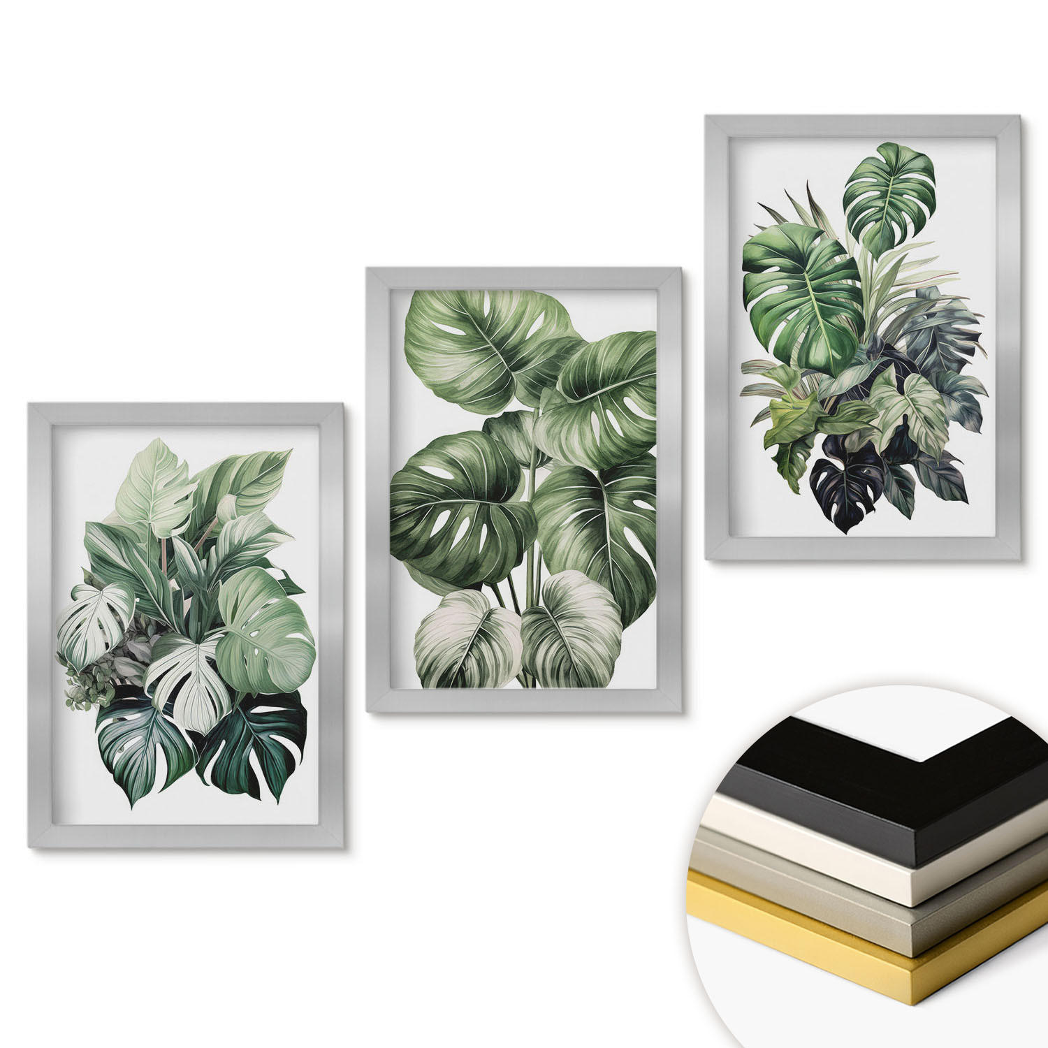 WANDBILDER 3er Set - 20x30 cm Silberner Rahmen - Aquarell von grünen tropischen Blättern - Silberfarben, Kunststoff (20/30cm) - ArtPrintCave