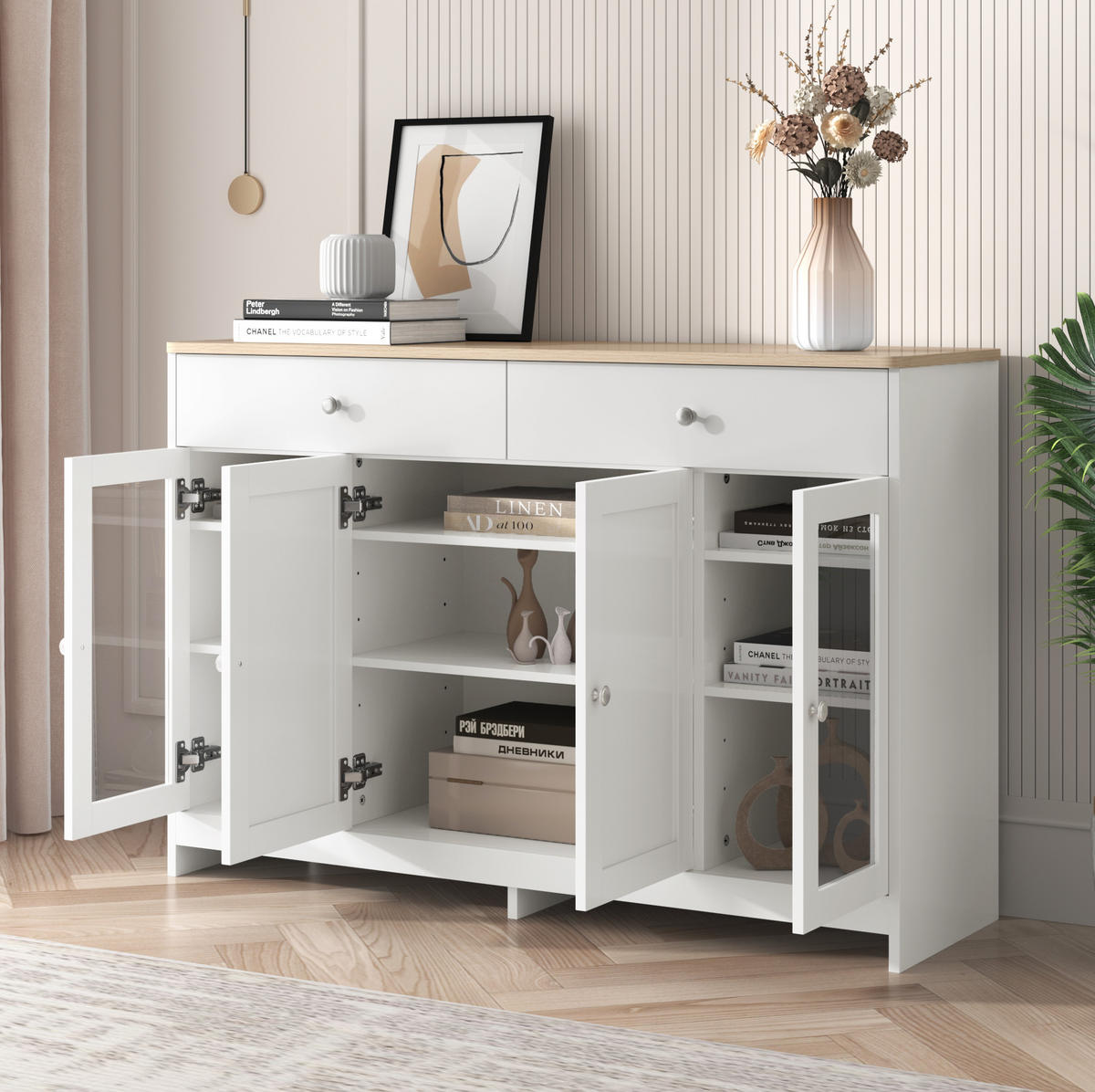 SIDEBOARD aus MDF und Spanplatte 120x37x80 cm Weiß/Holzfarbe mit 2 Schubladen und 4 Türen - Weiß, Holzwerkstoff (120/80/37cm) - IVMEU