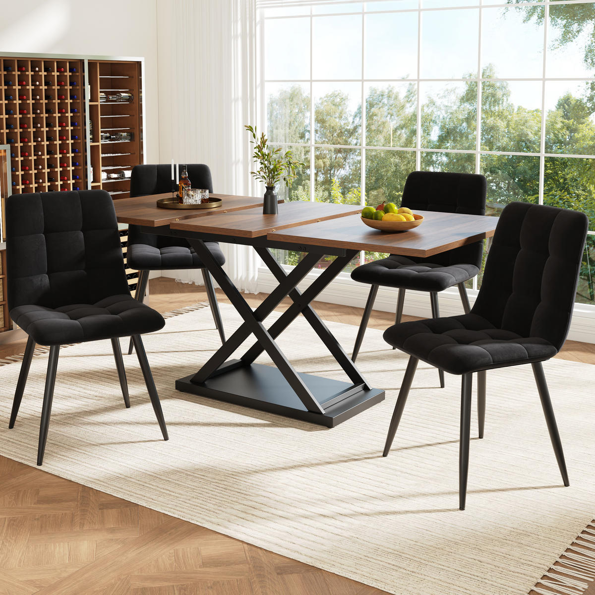 ESSTISCHSET 5-Teilig Ausziehbar 160x80 Cm, 4 Stühle, Schwarz Samt, Nussbaum - Walnussfarben, Metall (80/75/120cm) - FLIEKS