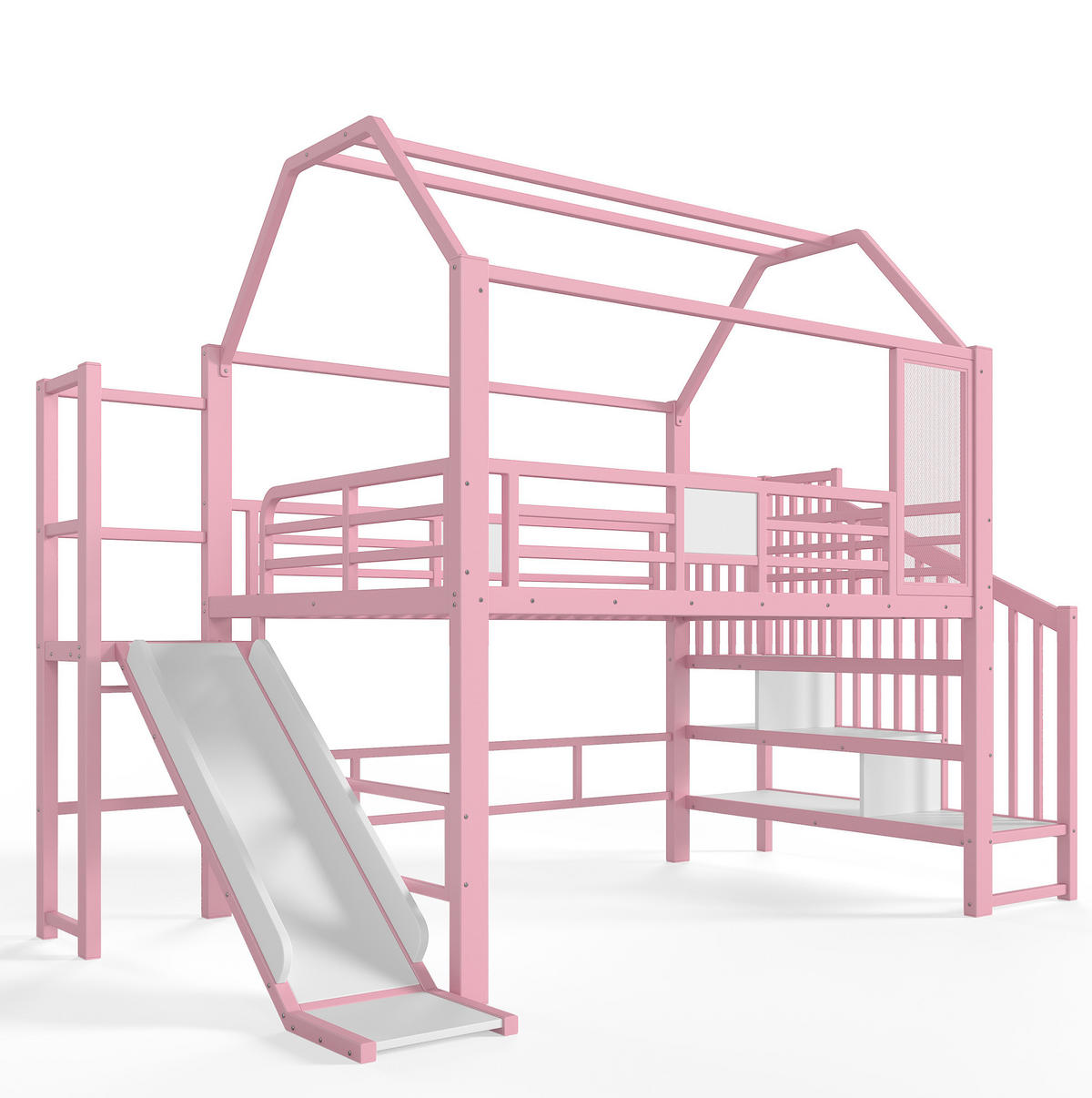 KINDERHOCHBETT MDF & Metall 140x200 cm Pink im Hausdesign mit Rutsche, Treppe mit Ablagen und LED-Beleuchtung - Pink, Holzwerkstoff (140/200cm) - Modfu