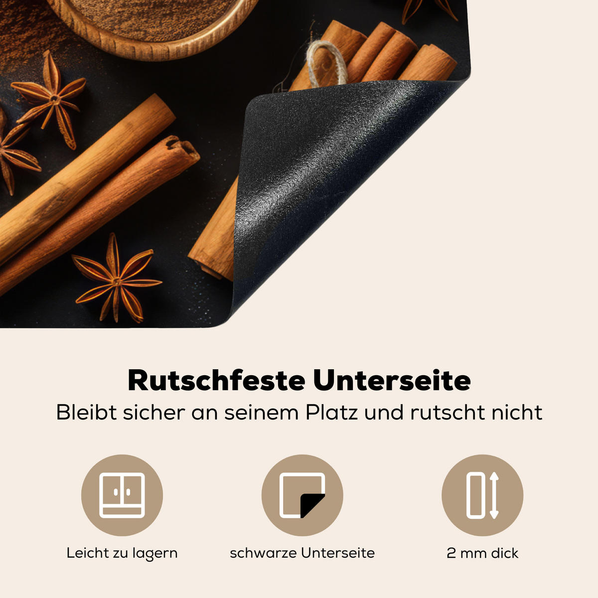 HERDABDECKPLATTE Zimt - Beton - Kaffee - Zimtstangen - Gewürze Ceranfeldabdeckung 78x52 cm - Mokka, Kunststoff (78/52/0.2cm) - MuchoWow