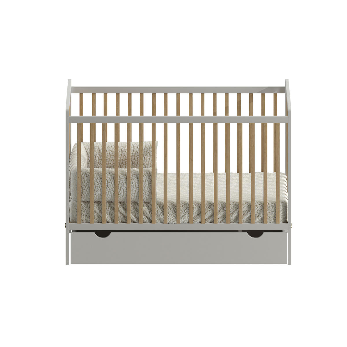 BABYBETT Skäli mit Matratze und Schublade - Weiß/Naturfarben, Holz - kiki design