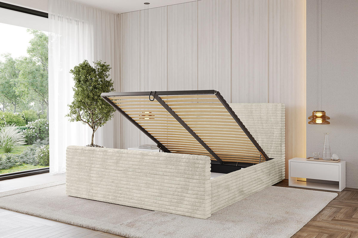 POLSTERBETT mit Bettkasten, Fußteil und Lattenrost, Boxbett mit Matratze H3/H4 - ALOVA-Z 180x200 Beige - Beige, Holzwerkstoff/Textil (180/200cm) - ALTDECOR
