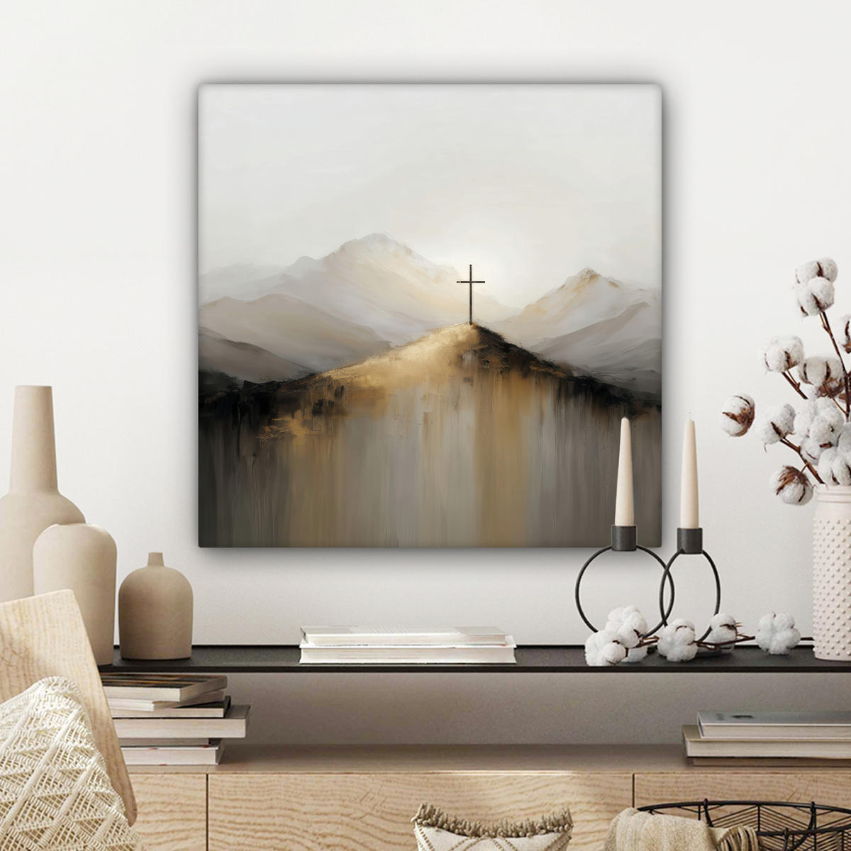 LEINWANDBILD Hügel - Abstrakt - Kreuz - Christentum Wandbild Wohnzimmer 50x50 cm - Beige, Textil (50/50cm) - MuchoWow
