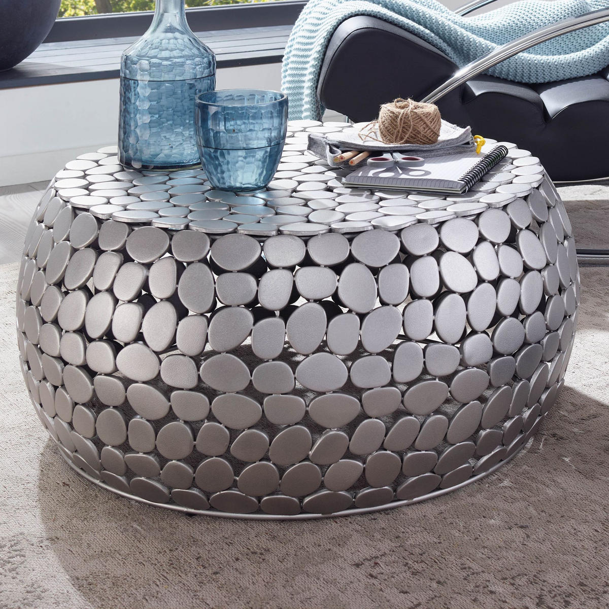 COUCHTISCH Aluminium Silber, Handgefertigtes Unikat, Stilvolles Design - Silberfarben, Metall (66/66/32cm) - KADIMA DESIGN
